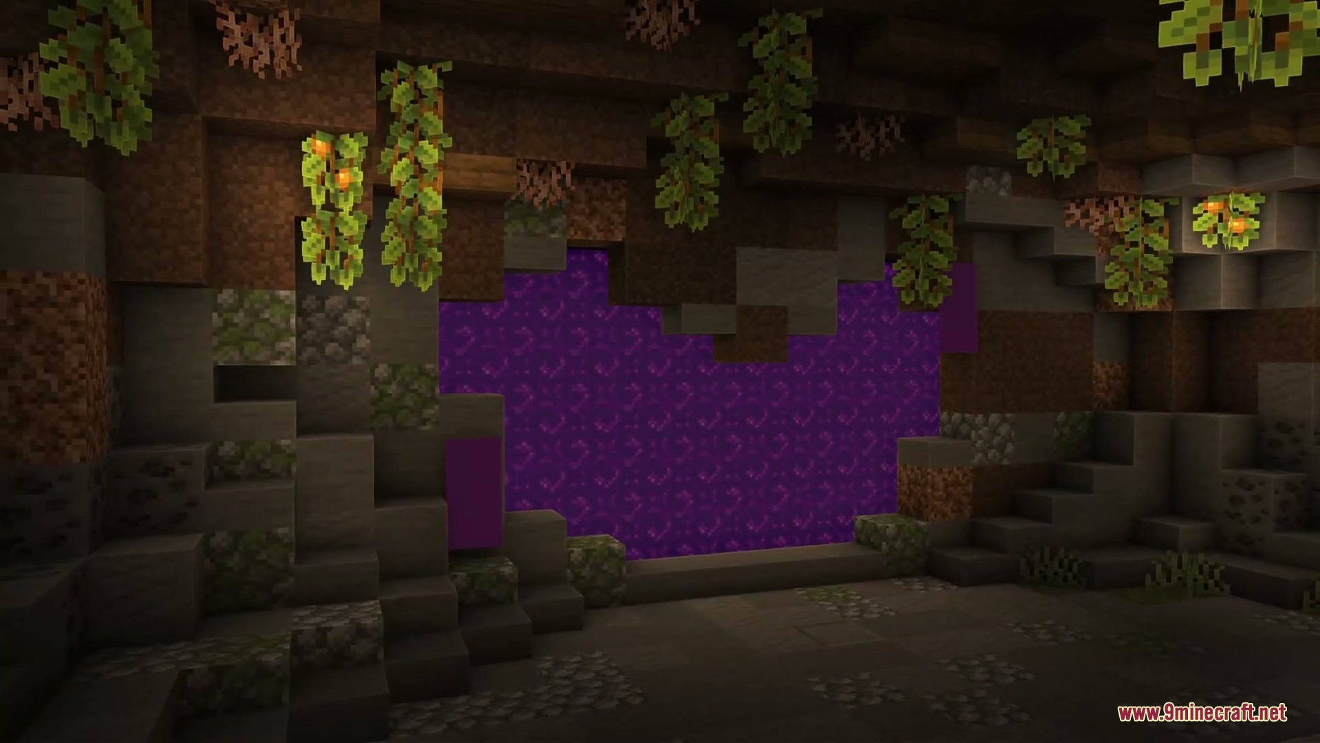 Serene Horizon Glow Resource Pack Screenshot 6 A glowing purple Nether portal framed by lush cave vines and mossy stone blocks