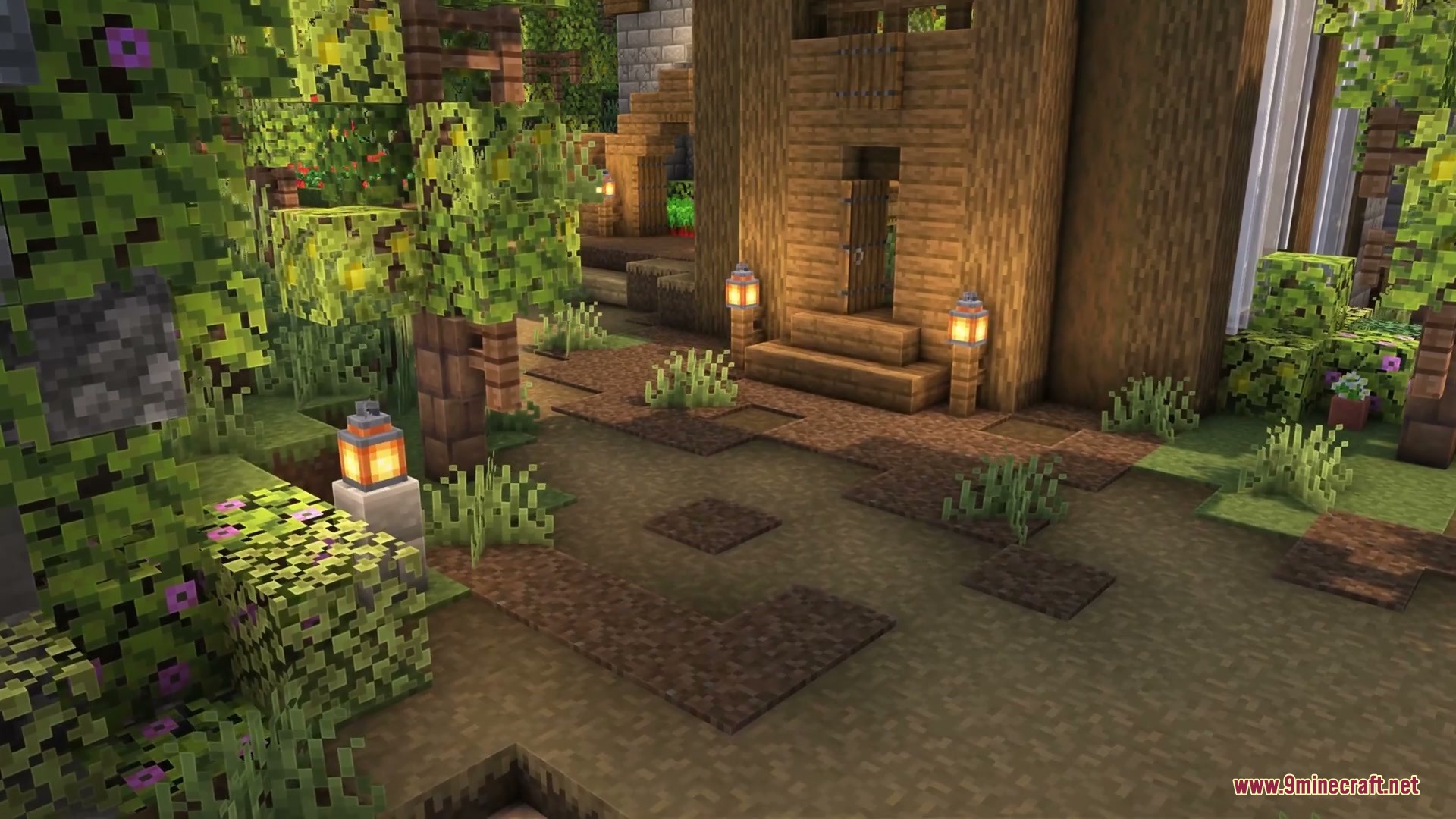 Serene Horizon Glow Resource Pack Screenshot 7 Cozy wooden house with lanterns and lush greenery along a dirt path