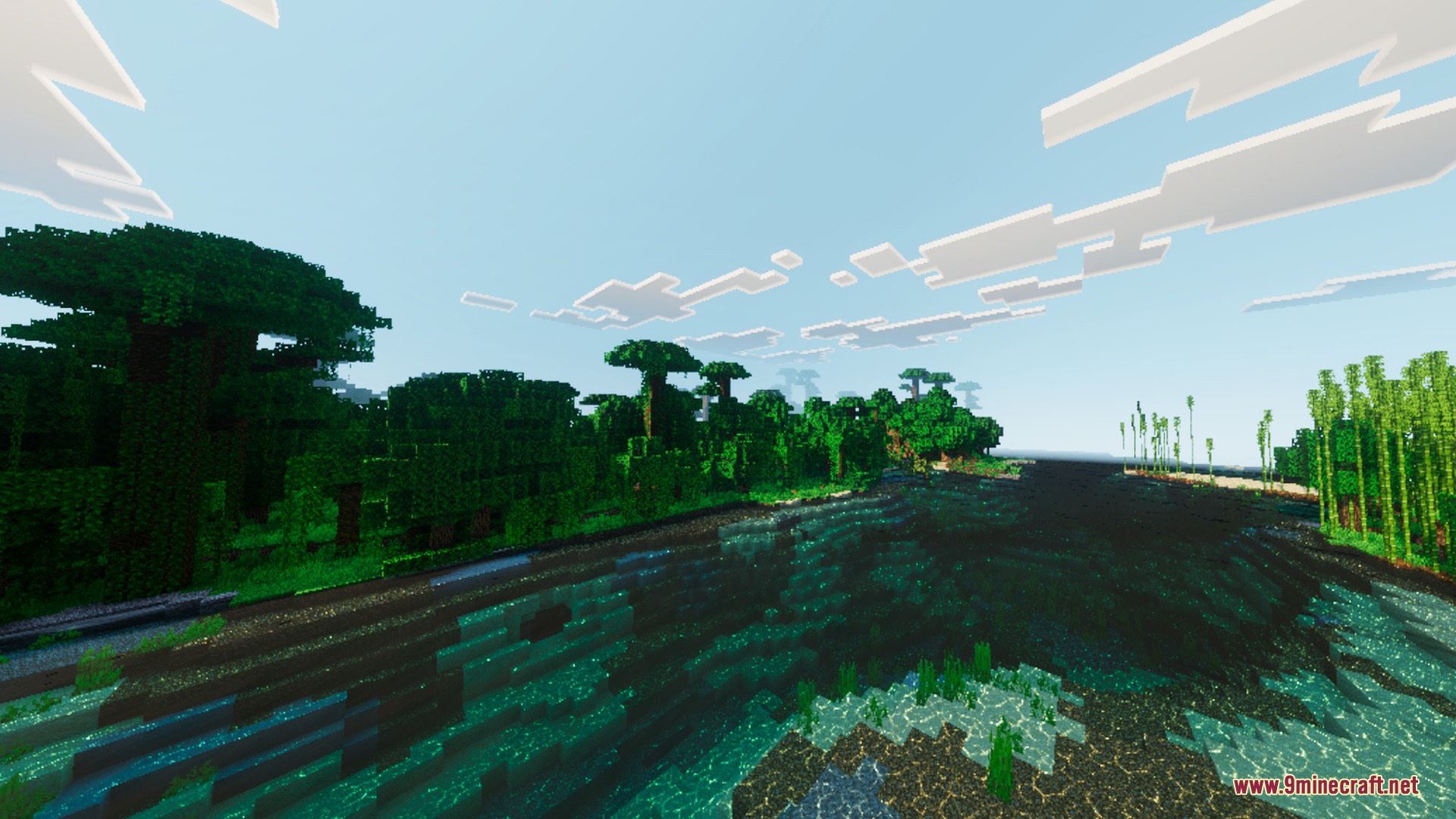Lush green jungle biome with clear water and layered overcast clouds