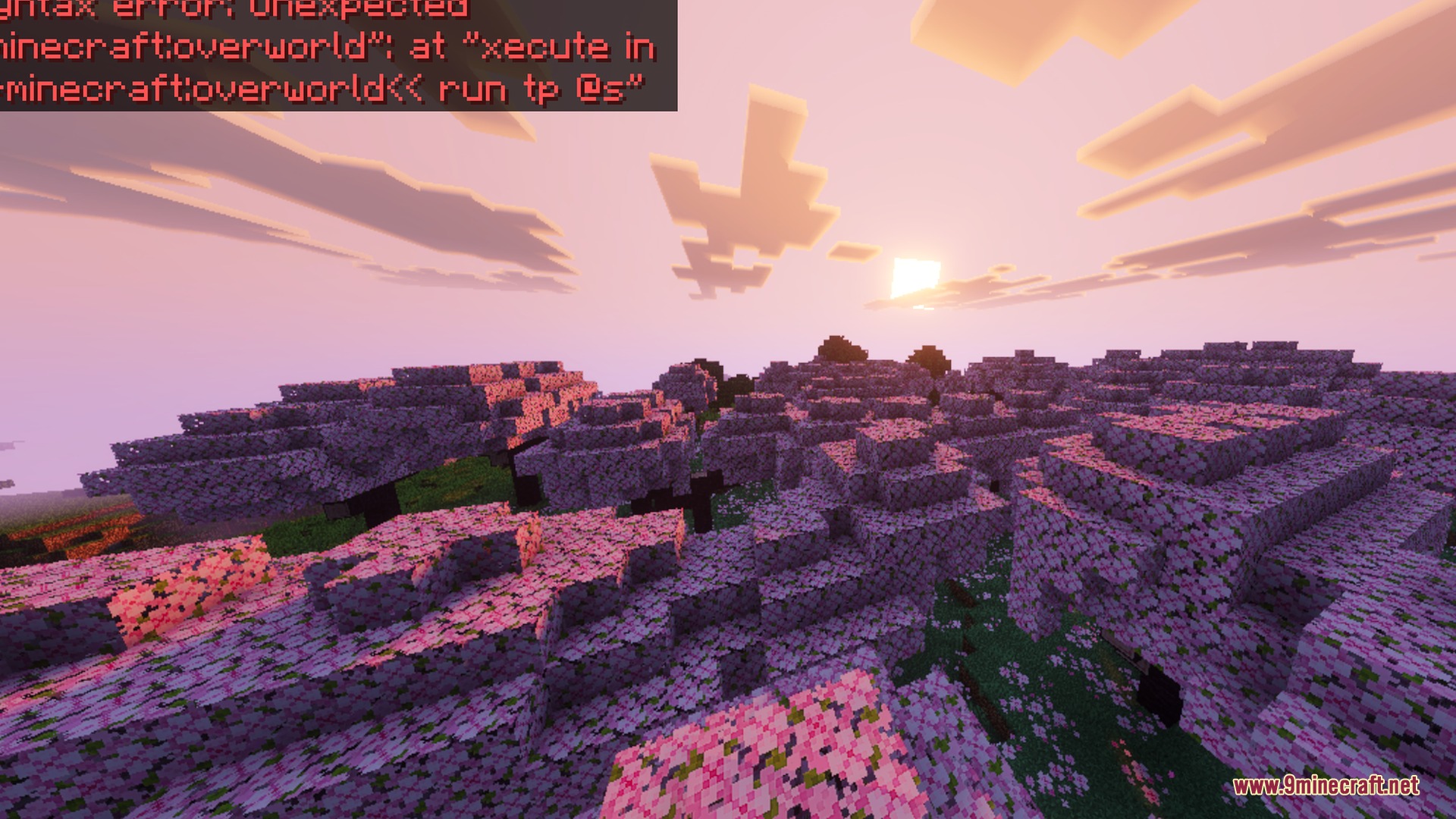 A cherry blossom forest glows under a soft pink sunset sky