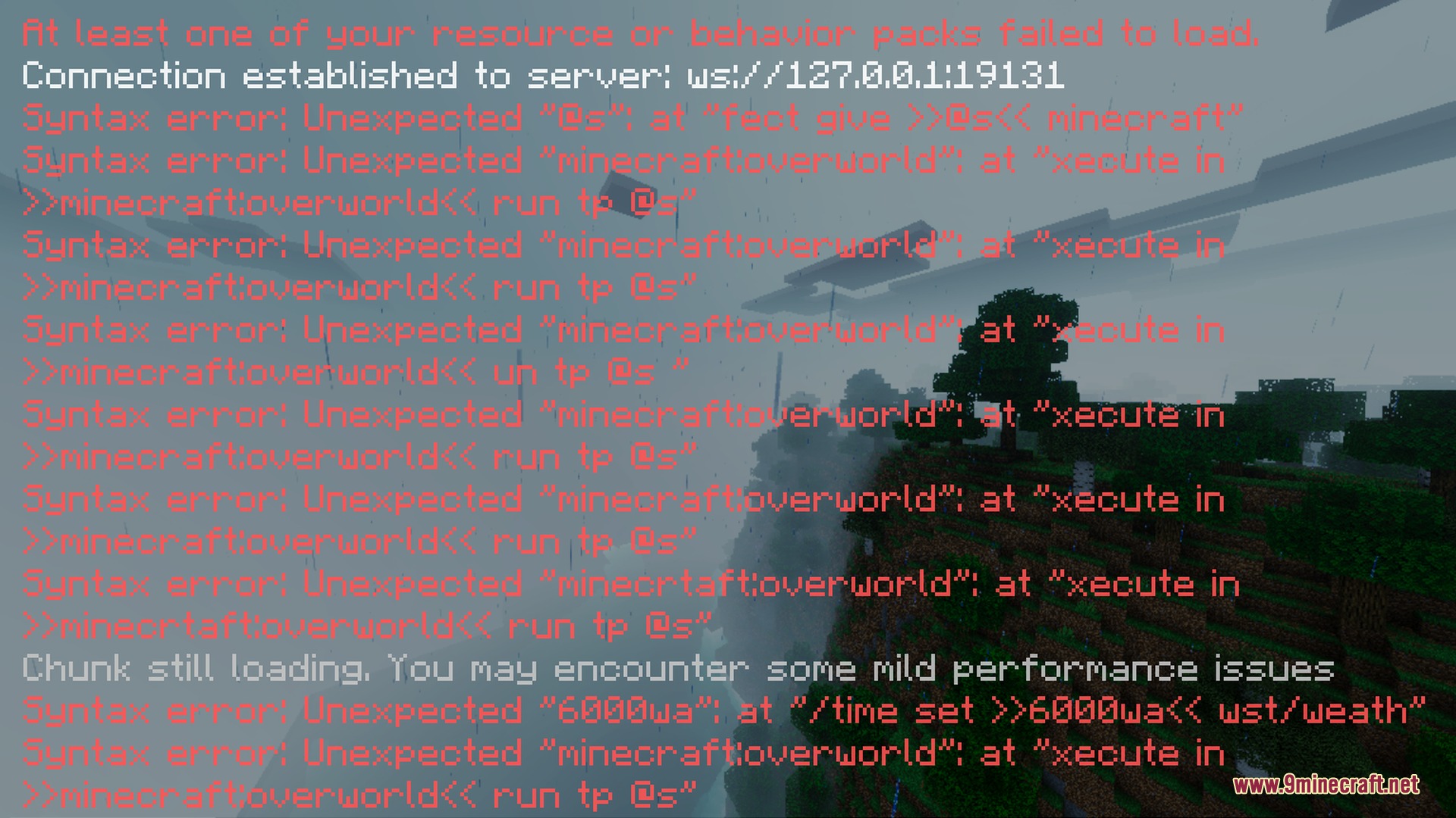 Red syntax error messages displayed over a lush green Minecraft mountain landscape