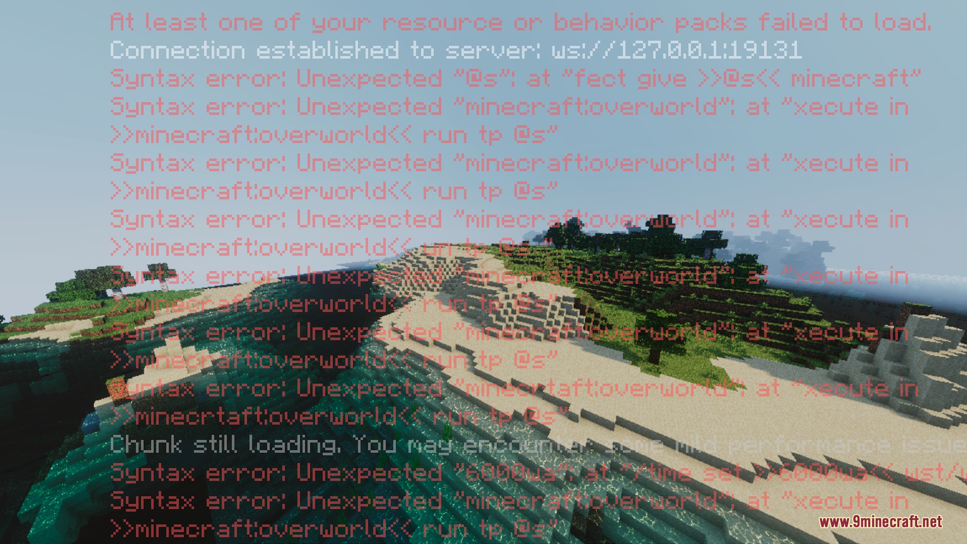 Red error messages about failed resource packs over a Minecraft landscape view