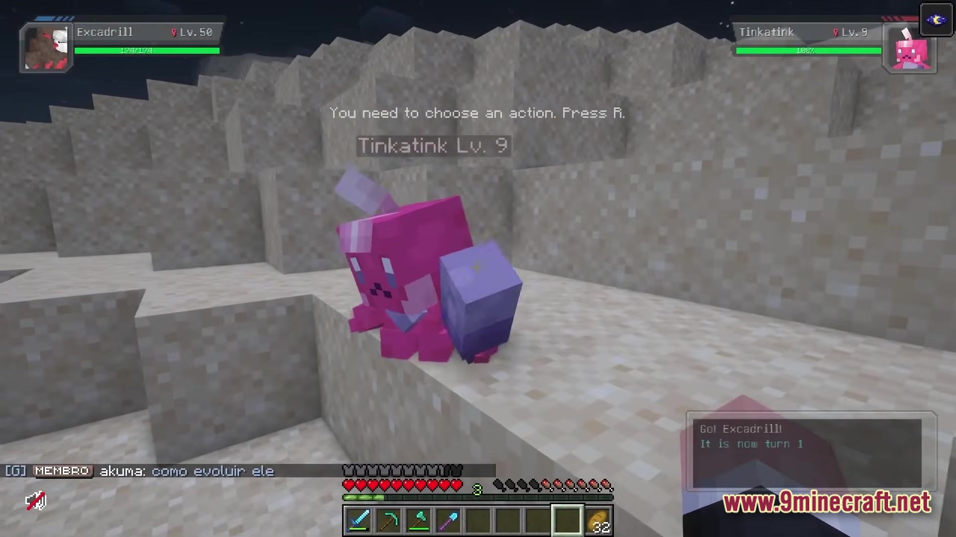 Servidor Jornadas Cobblemon Modpack Screenshot 2 A turn-based Cobblemon battle between an Excadrill and a Tinkatink on a sandy terrain