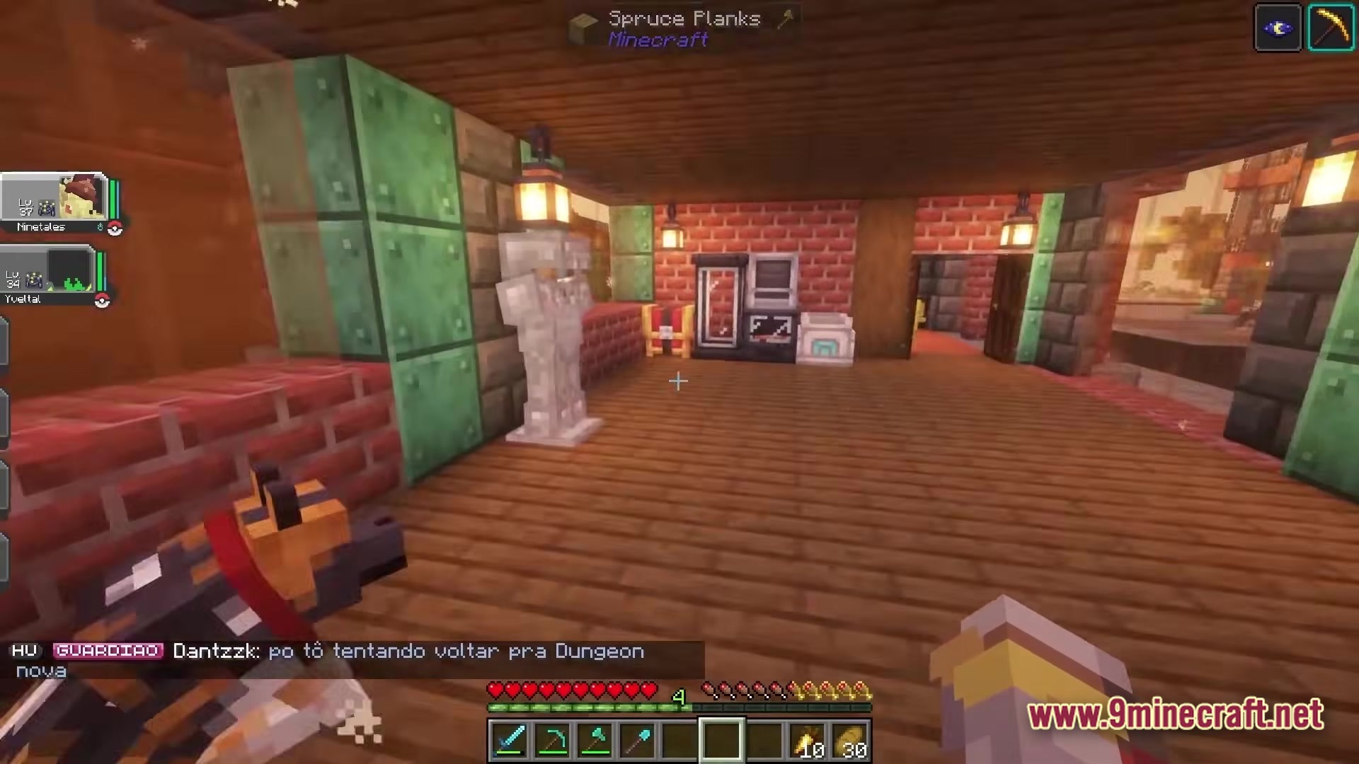Servidor Jornadas Cobblemon Modpack Screenshot 4 A player stands inside a brick and wood building featuring Cobblemon healing machines and armor stands