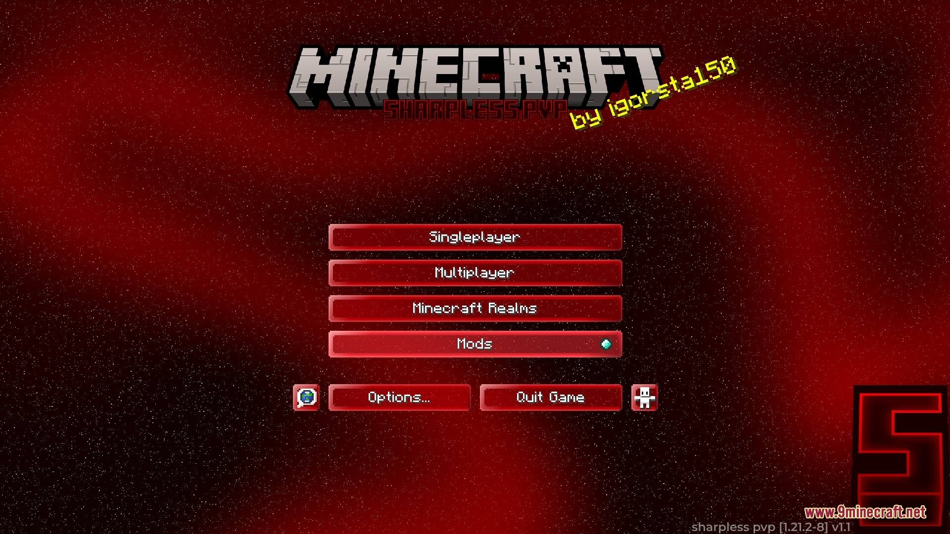 Sharpless Pvp Resource Pack Screenshot 2 Minecraft main menu with red buttons and a dark red space background theme