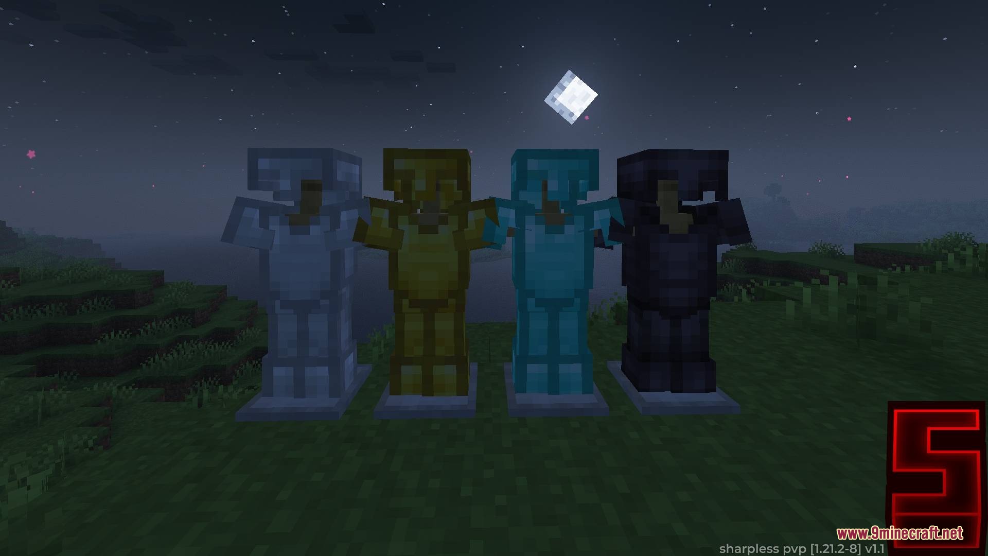 Sharpless Pvp Resource Pack Screenshot 4 Four sets of Minecraft armor displayed on stands under a night sky
