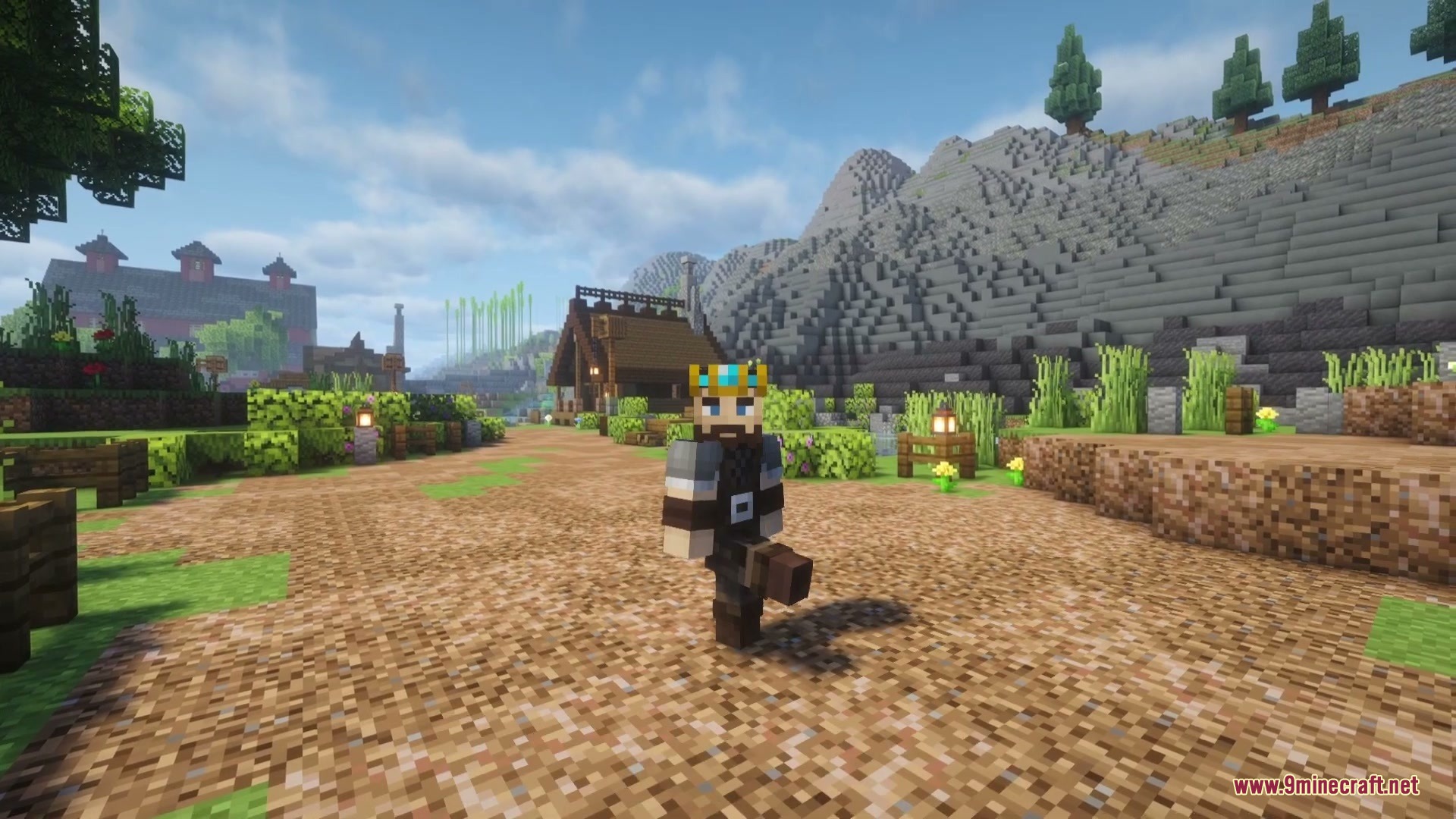 A Minecraft character wearing a crown performs a powerful kick in a village