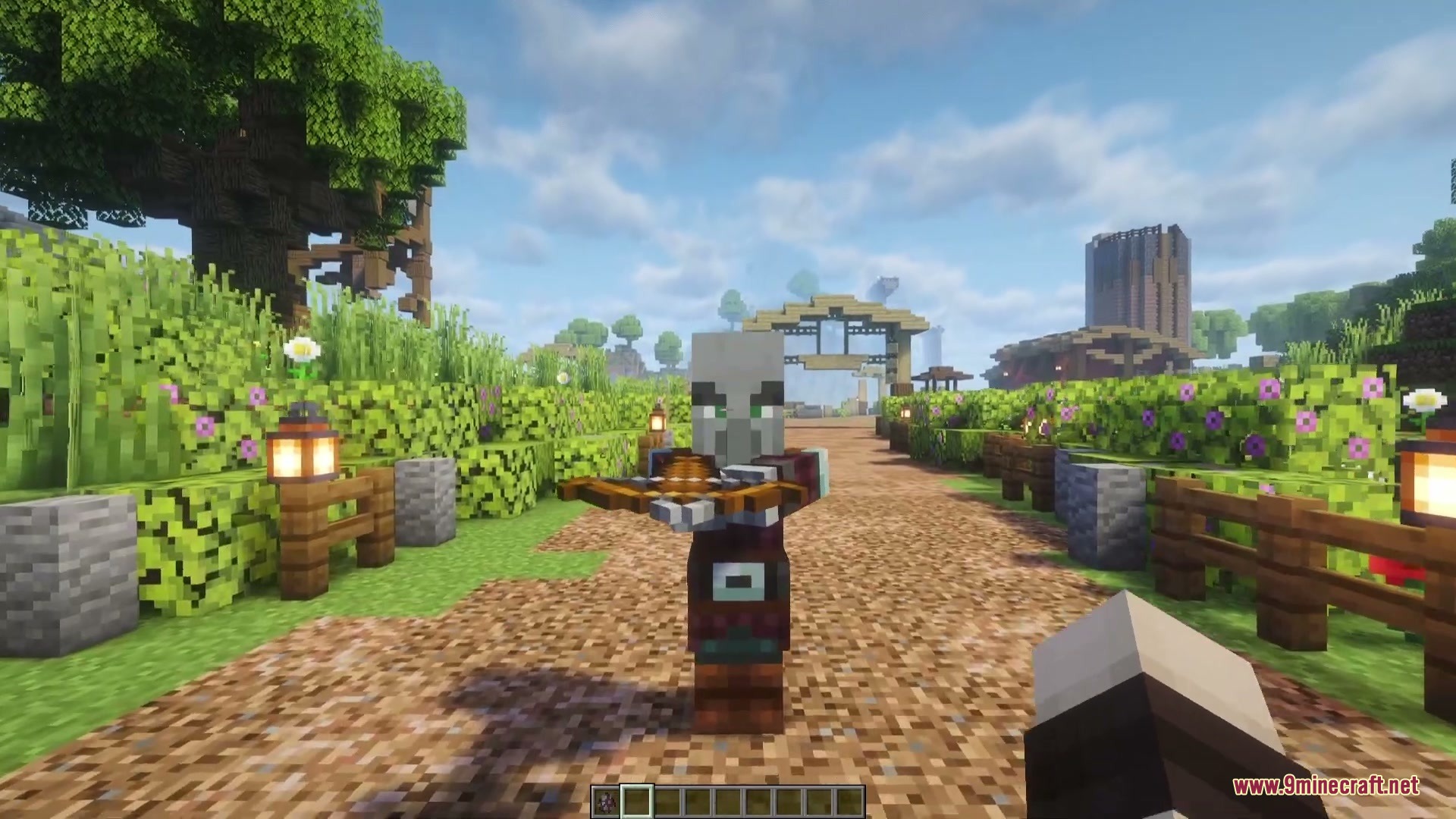 A Pillager holding a crossbow stands on a path facing the player