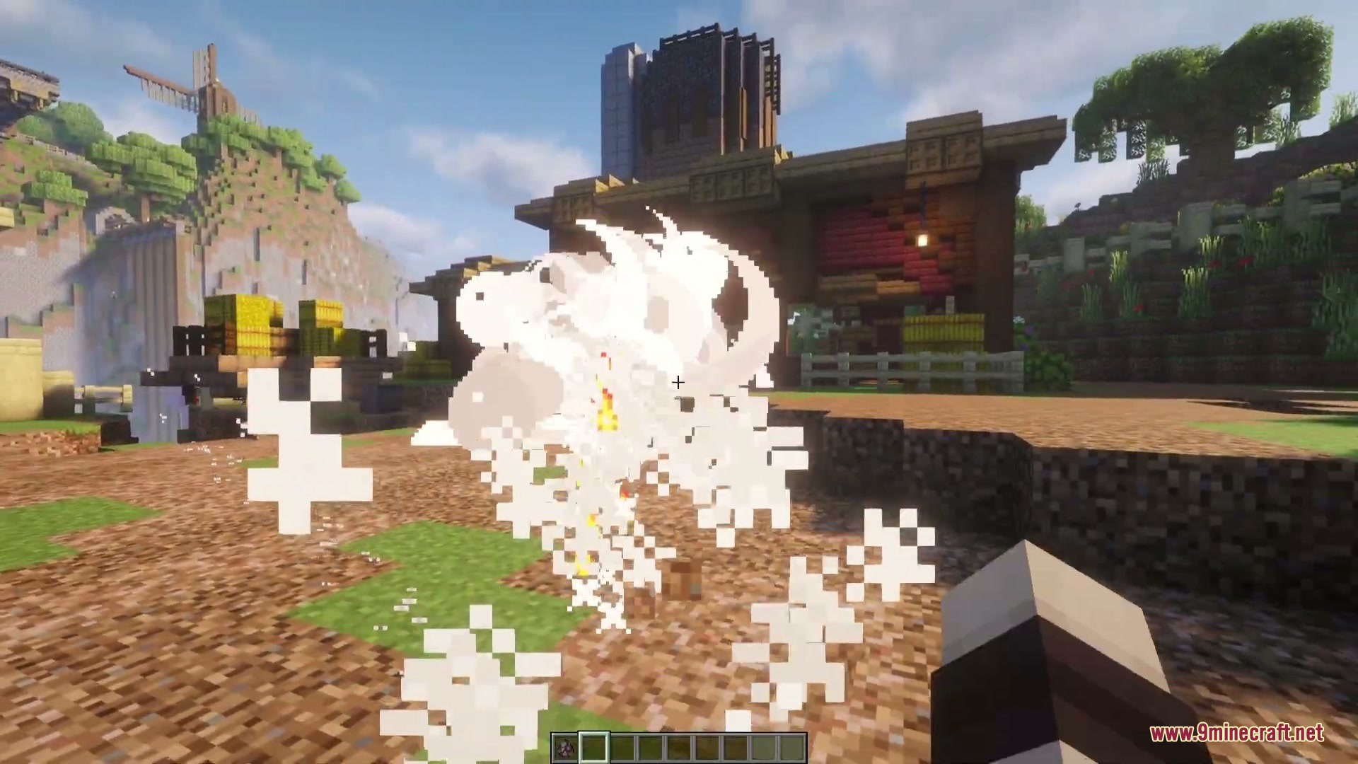 Player performs a high impact kick creating large white particle effects in Minecraft