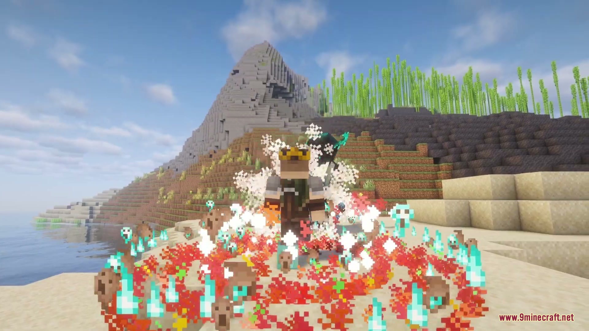 Minecraft character surrounded by a ring of red particles and soul fire skulls