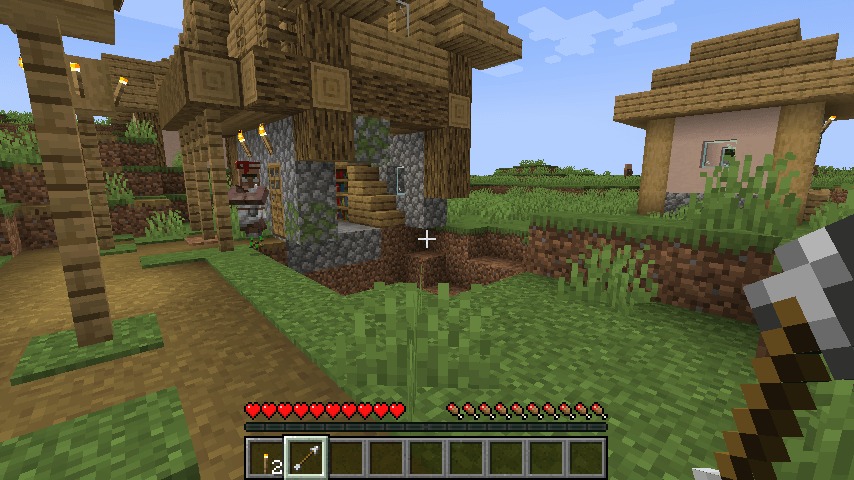 Shatterbolt Artillery Data Pack Screenshot 1 A player holds a shovel near a villager and a damaged house