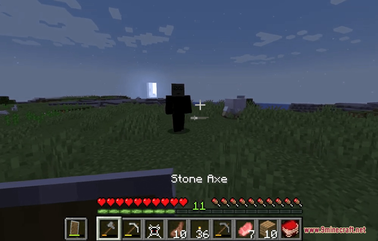 Shattered Script Echoes Mod Screenshot 1 A player holding a stone axe encounters a mysterious dark figure