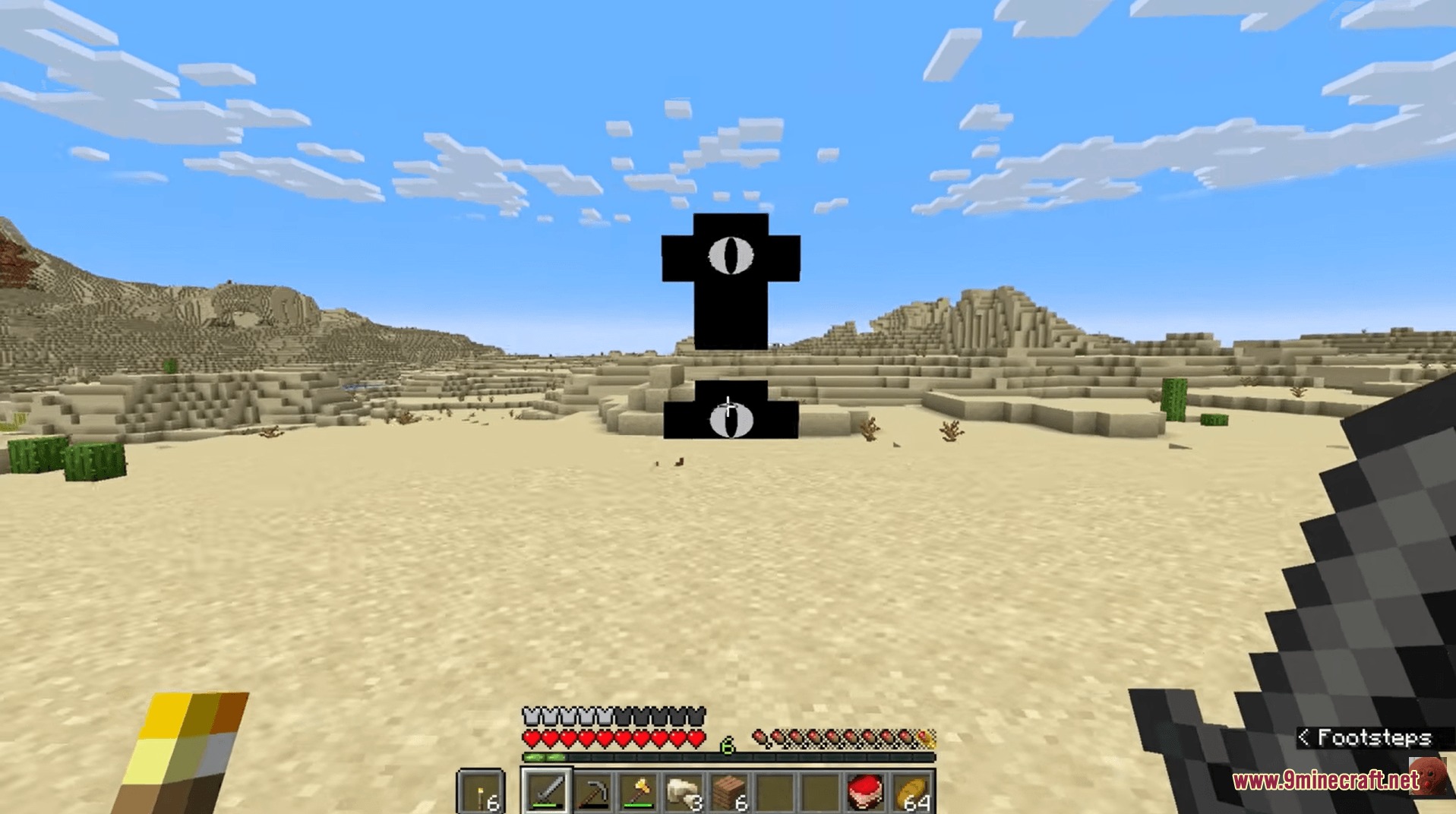Shattered Script Echoes Mod Screenshot 2 Two strange black entities with large eyes appear in a desert landscape