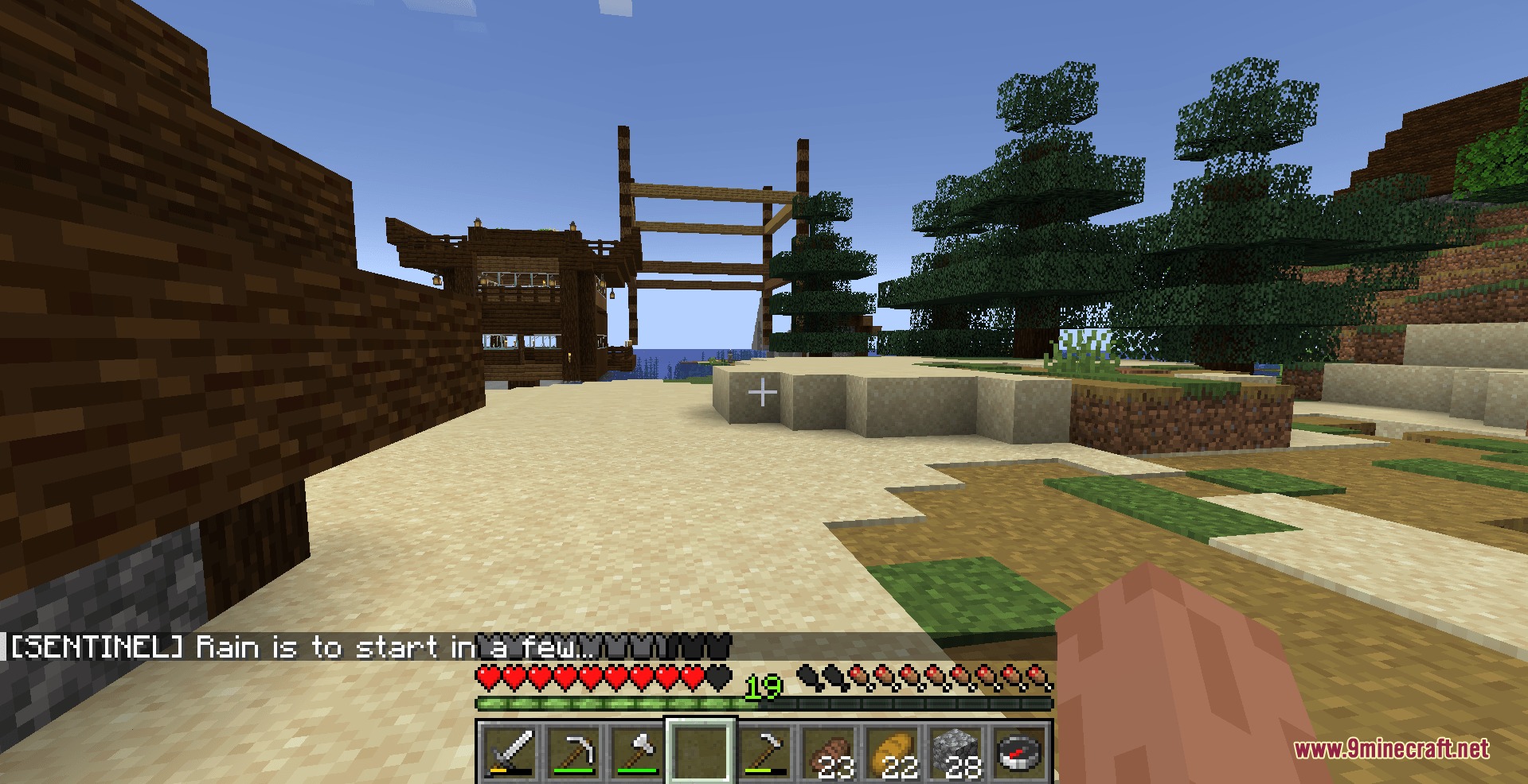 Shattered Script Echoes Mod Screenshot 5 Player standing on a beach receiving a mysterious chat message from the sentinel