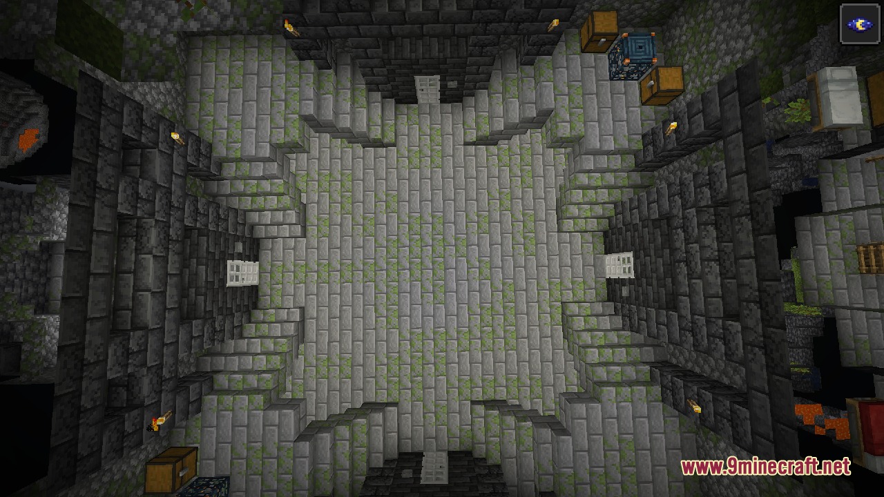 Shifted Chambers Mod Screenshot 1 Large symmetrical stone brick dungeon room with iron doors and loot chests