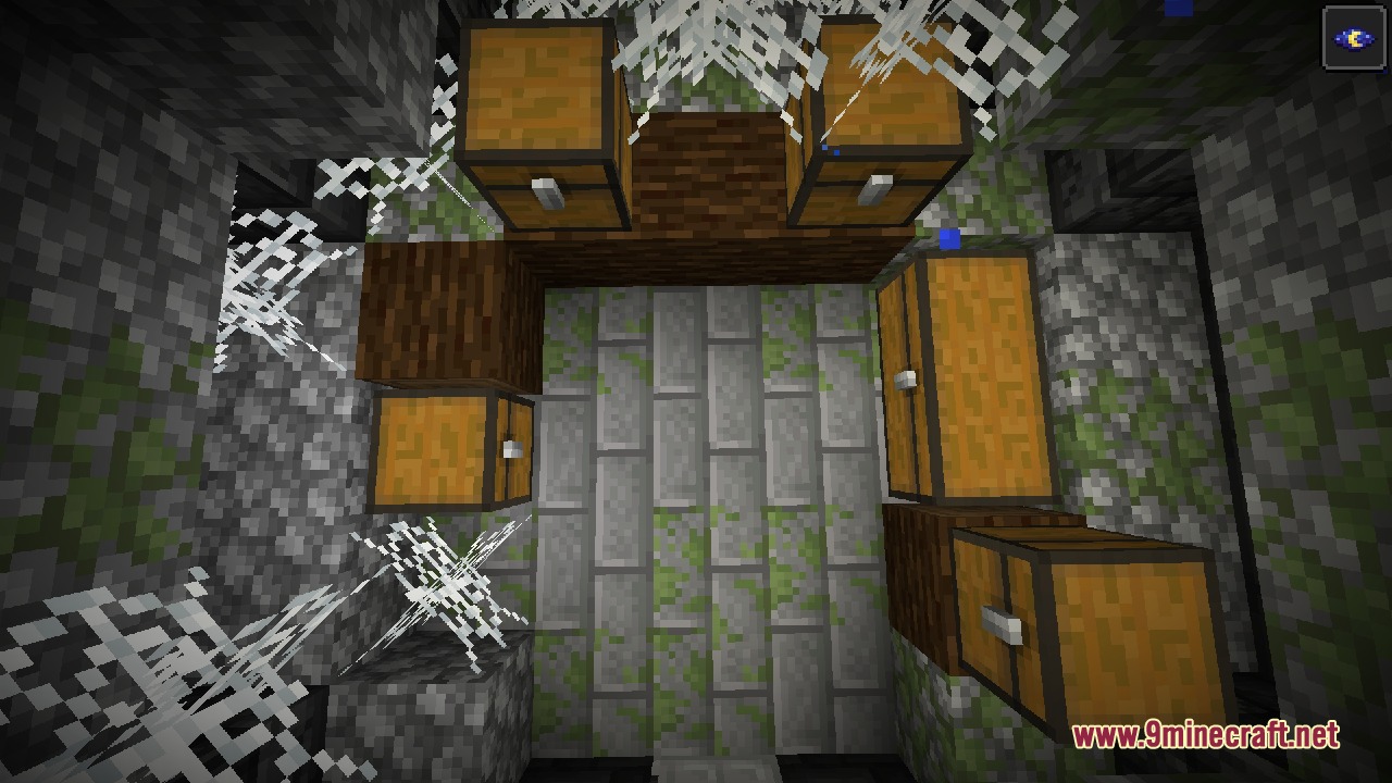 Shifted Chambers Mod Screenshot 5 A dungeon treasure room filled with cobwebs and several wooden loot chests