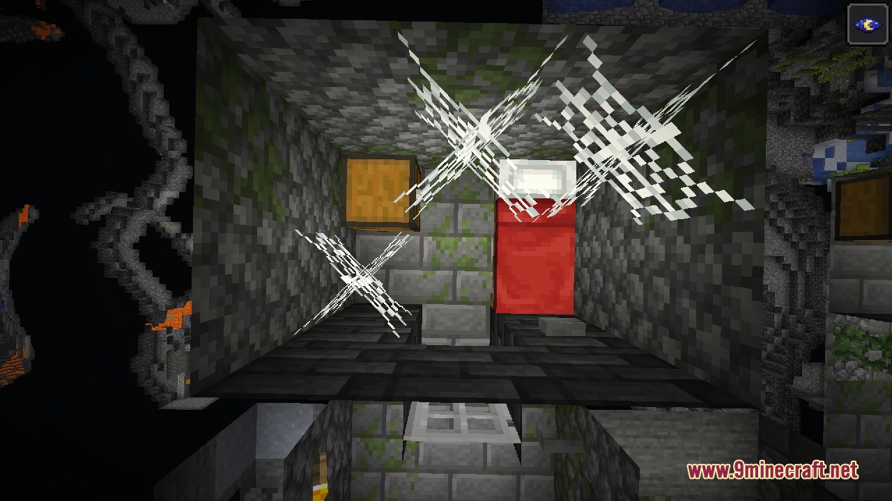 Shifted Chambers Mod Screenshot 6 A small safe room featuring a red bed and a chest with cobwebs