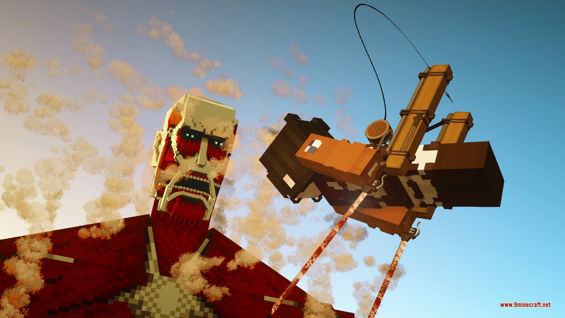 A Minecraft player using mobility gear to fly past a Colossal Titan