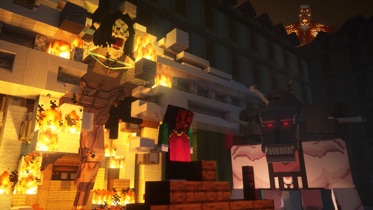 Giant titans stand in a burning city under the gaze of a colossal titan