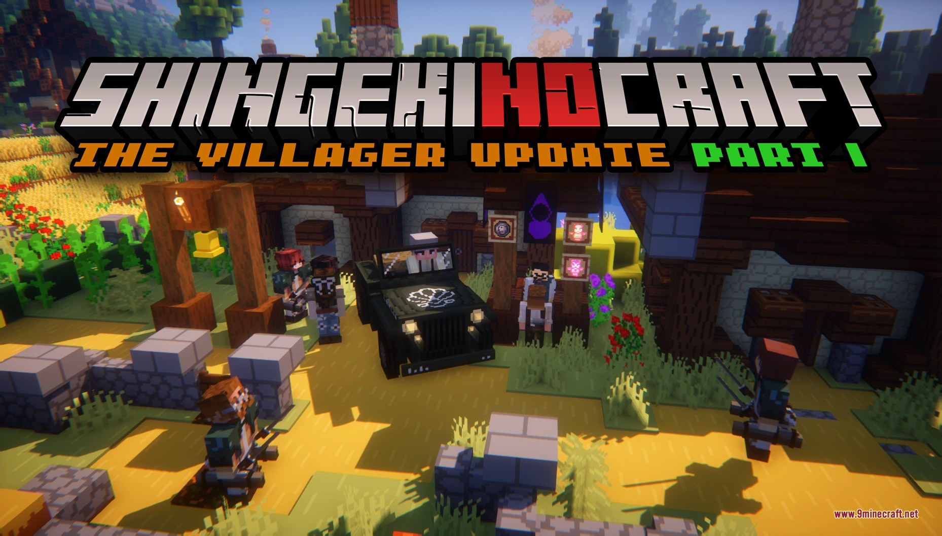 Minecraft players wearing mobility gear standing around a black jeep in a village