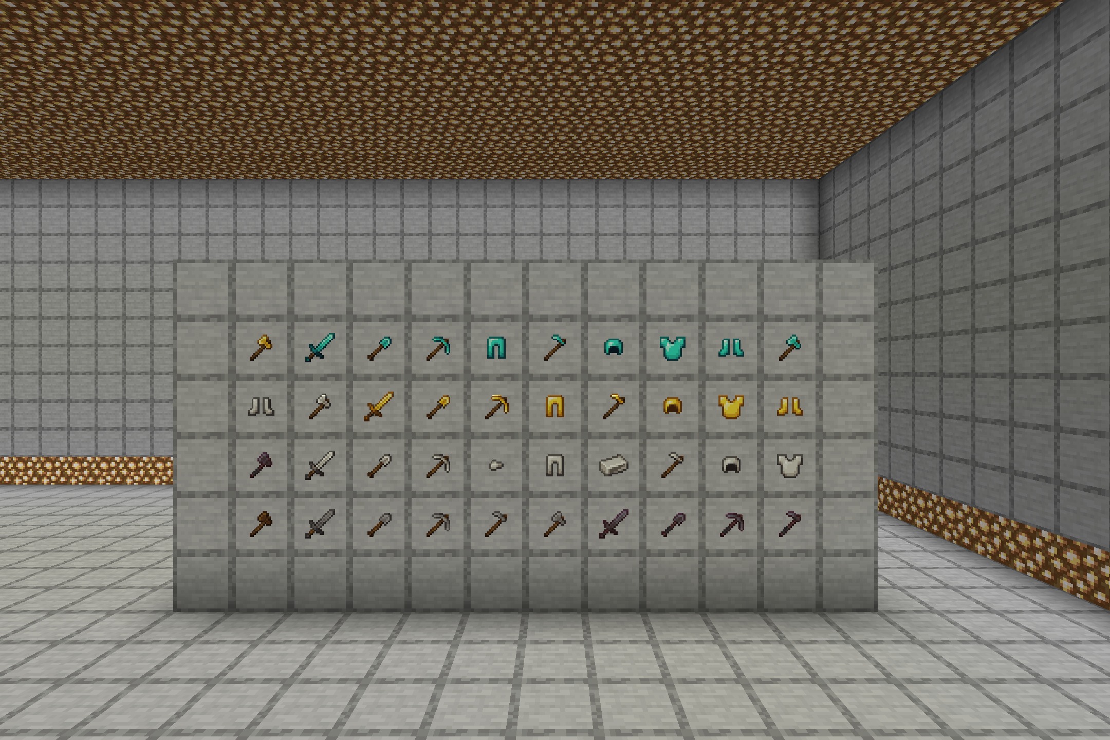 A wall displaying various shiny equipment icons from the Shinier Tools pack
