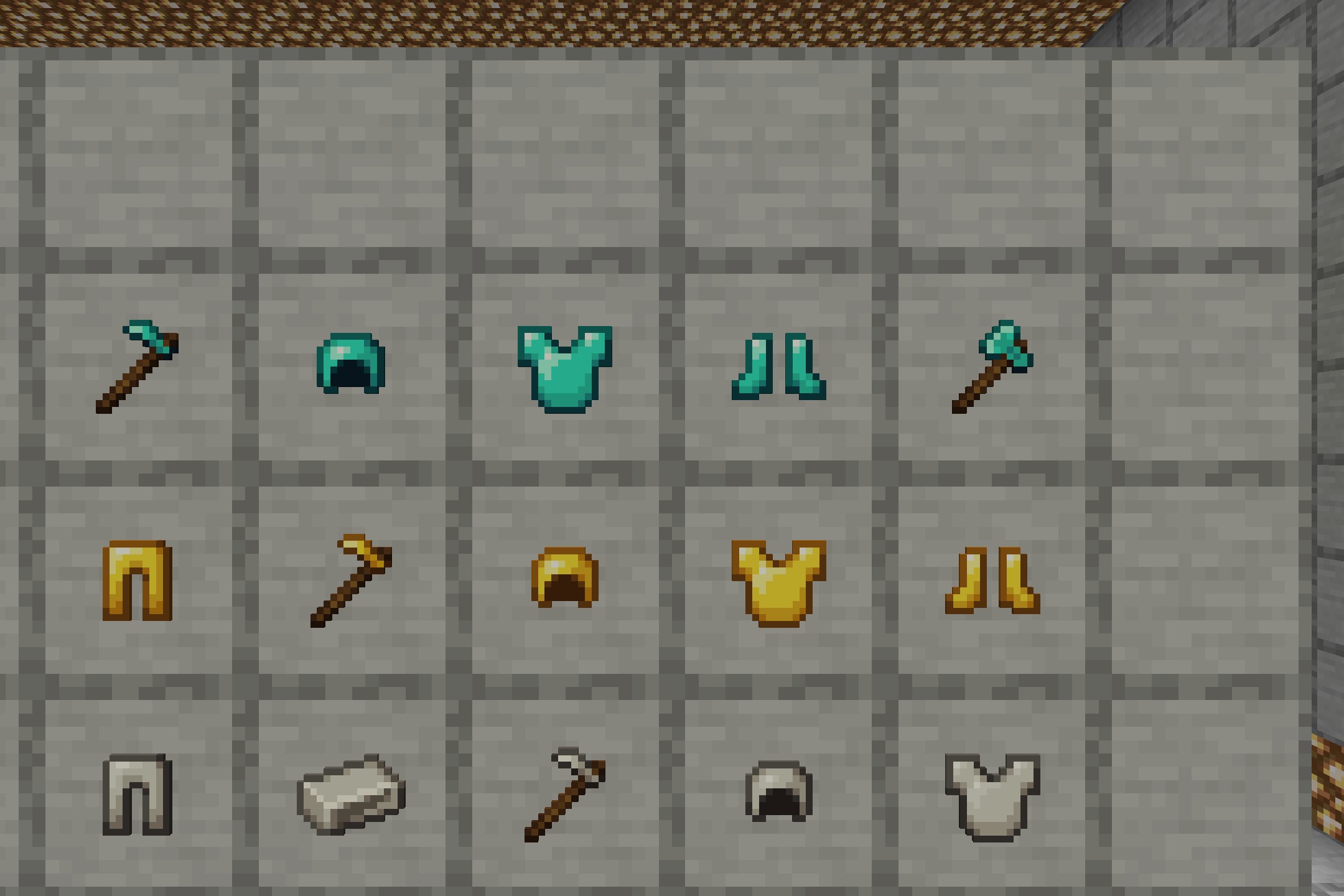 Close up view of polished diamond and gold equipment in item frames