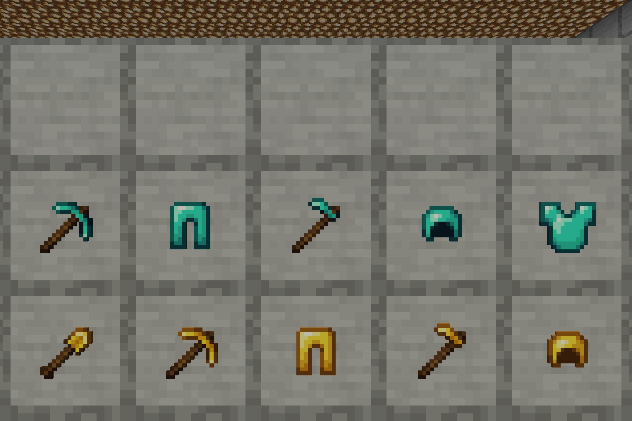 Shiny diamond and gold equipment icons featuring bright and reflective metallic highlights