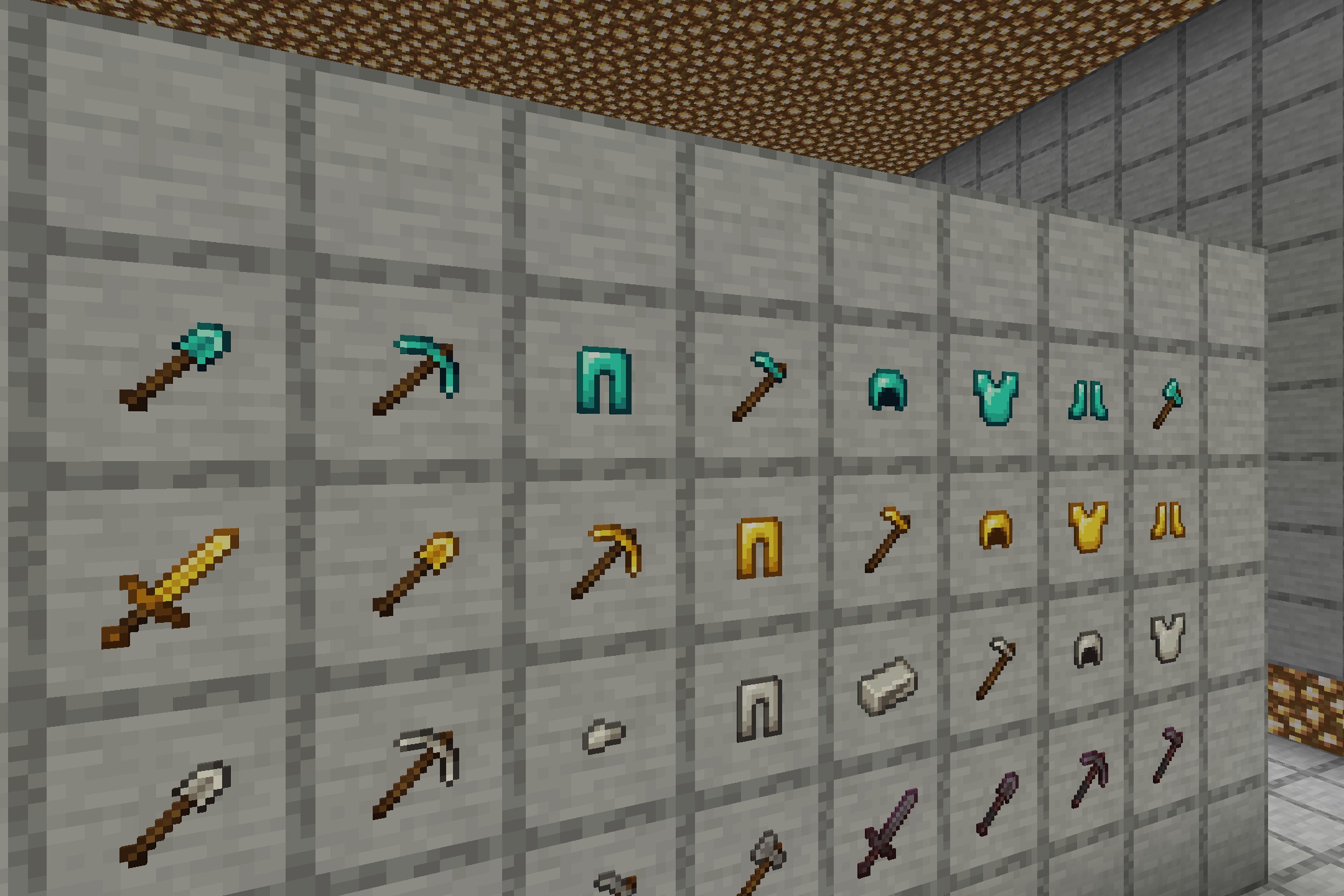 Polished tool and armor icons with bright highlights shown in item frames