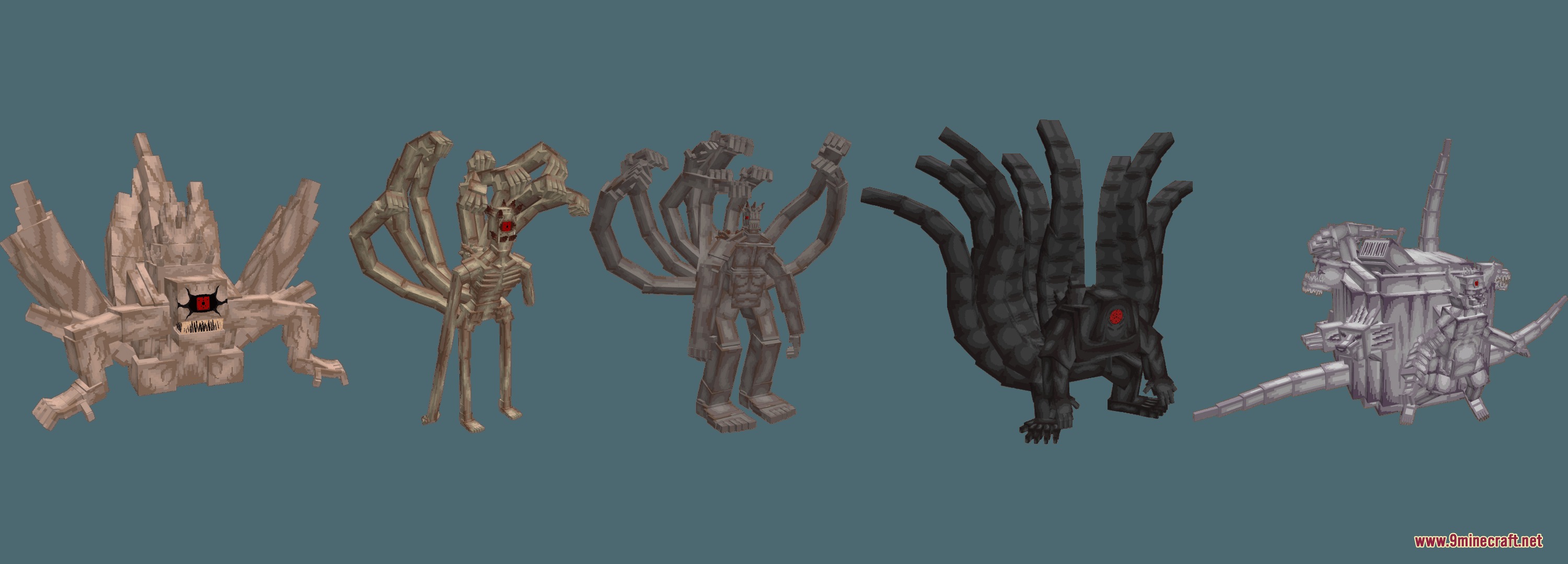 Shinobi Soulbound Mod Screenshot 2 Five different forms of the Ten Tails creature in blocky Minecraft style