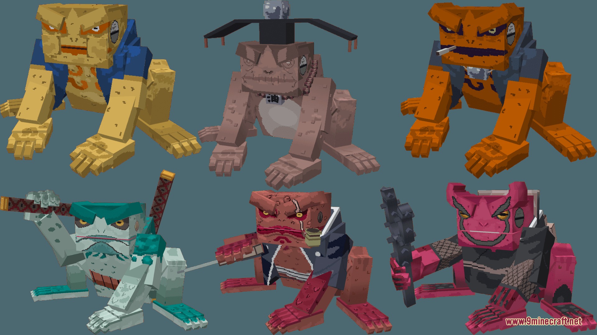 Shinobi Soulbound Mod Screenshot 3 Six colorful blocky toad summons equipped with various ninja weapons and accessories