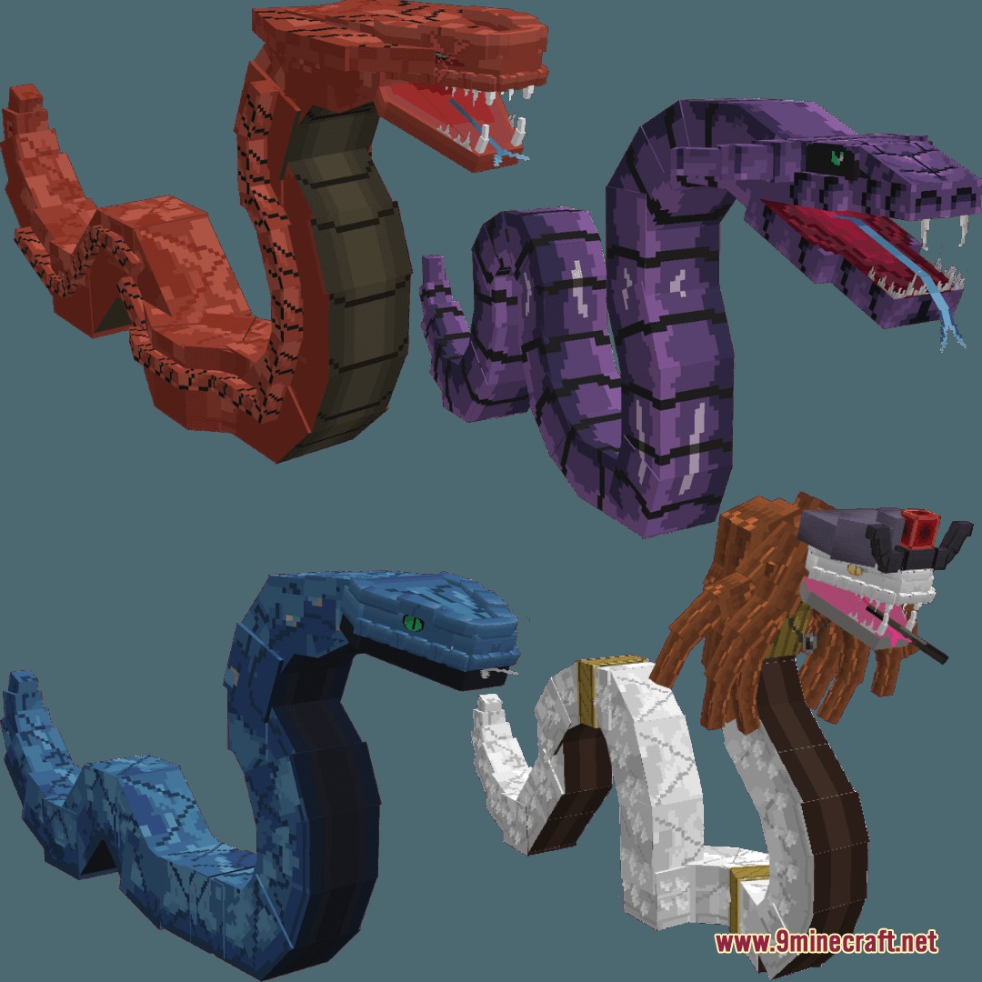 Shinobi Soulbound Mod Screenshot 4 Four giant blocky snake summons in different colors from the Naruto universe
