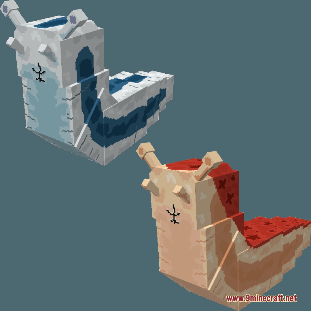 Shinobi Soulbound Mod Screenshot 5 Two blocky slug models with blue and red patterns for ninja summons