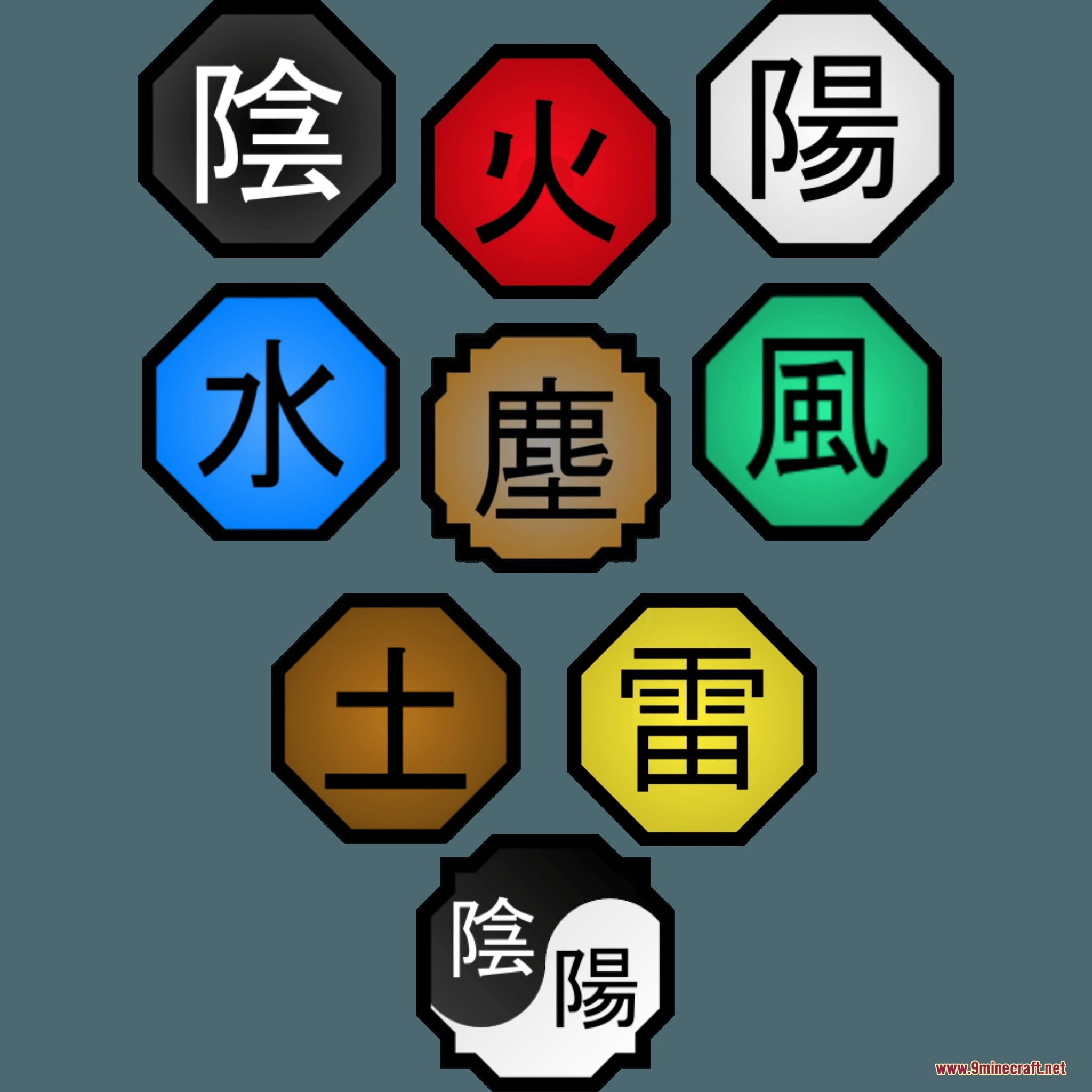 Shinobi Soulbound Mod Screenshot 8 Colorful icons representing different elemental nature releases and special ninja abilities