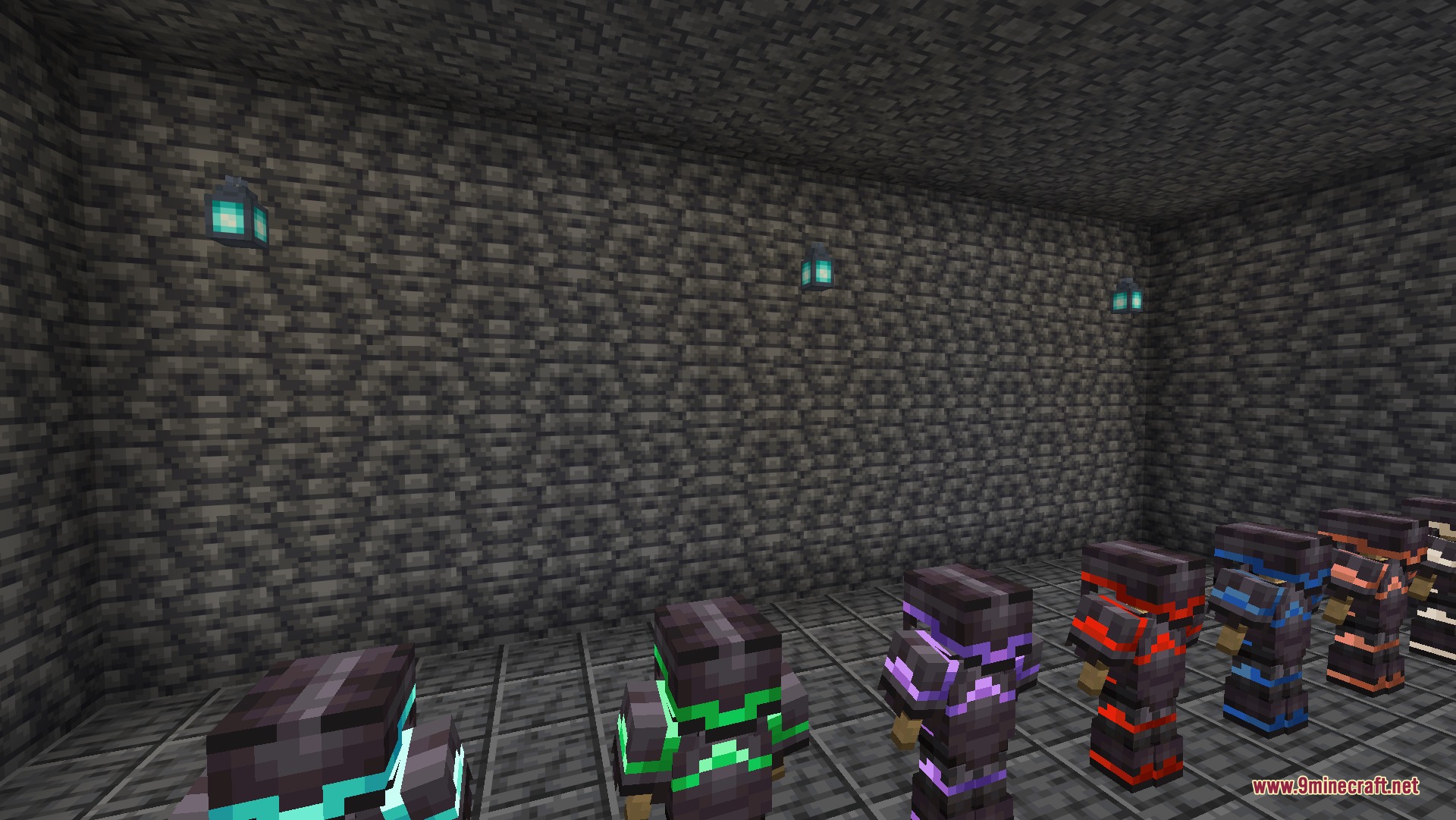 Angled view of armor stands with vibrant glowing trims