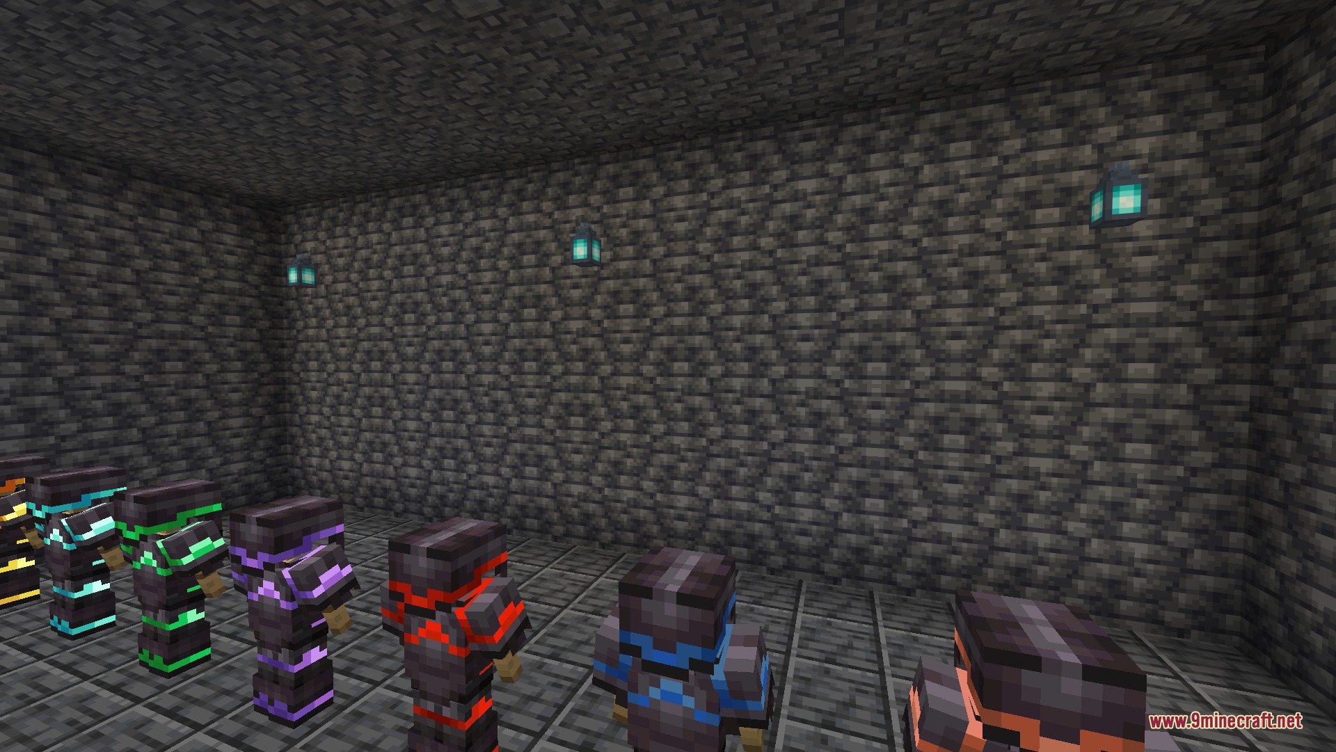 Various netherite armor sets with glowing colorful trims displayed on armor stands