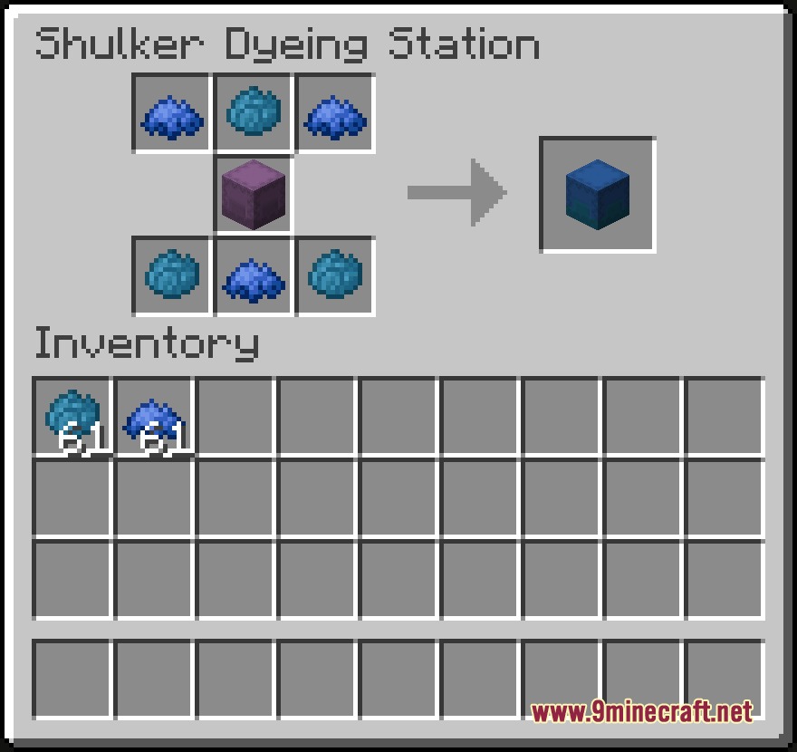 Shulker Stuff Mod Screenshot 1 Shulker Stuff Mod interface for dyeing shulker boxes with multiple color combinations