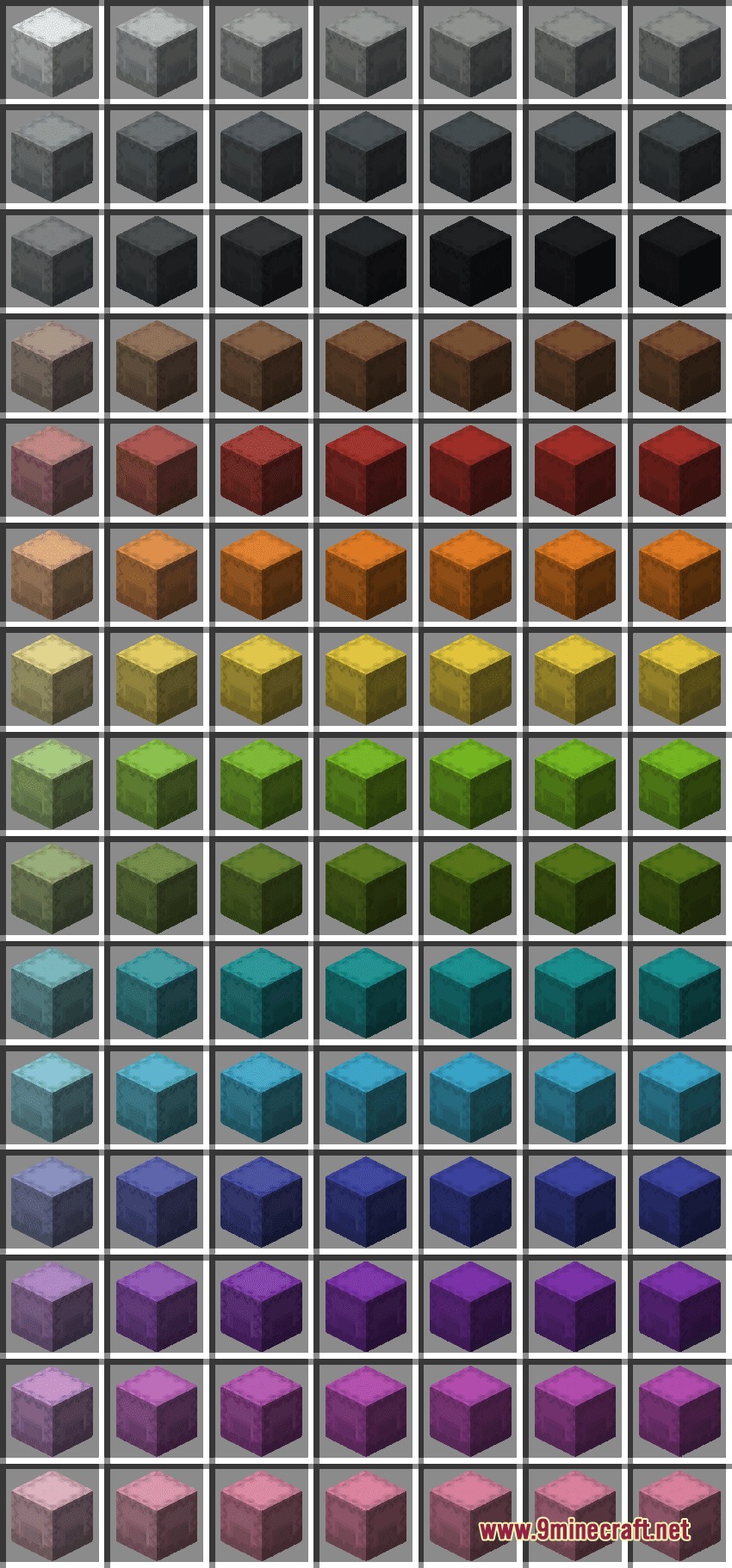 Shulker Stuff Mod Screenshot 8 Grid showing various two tone colored shulker boxes for advanced storage customization