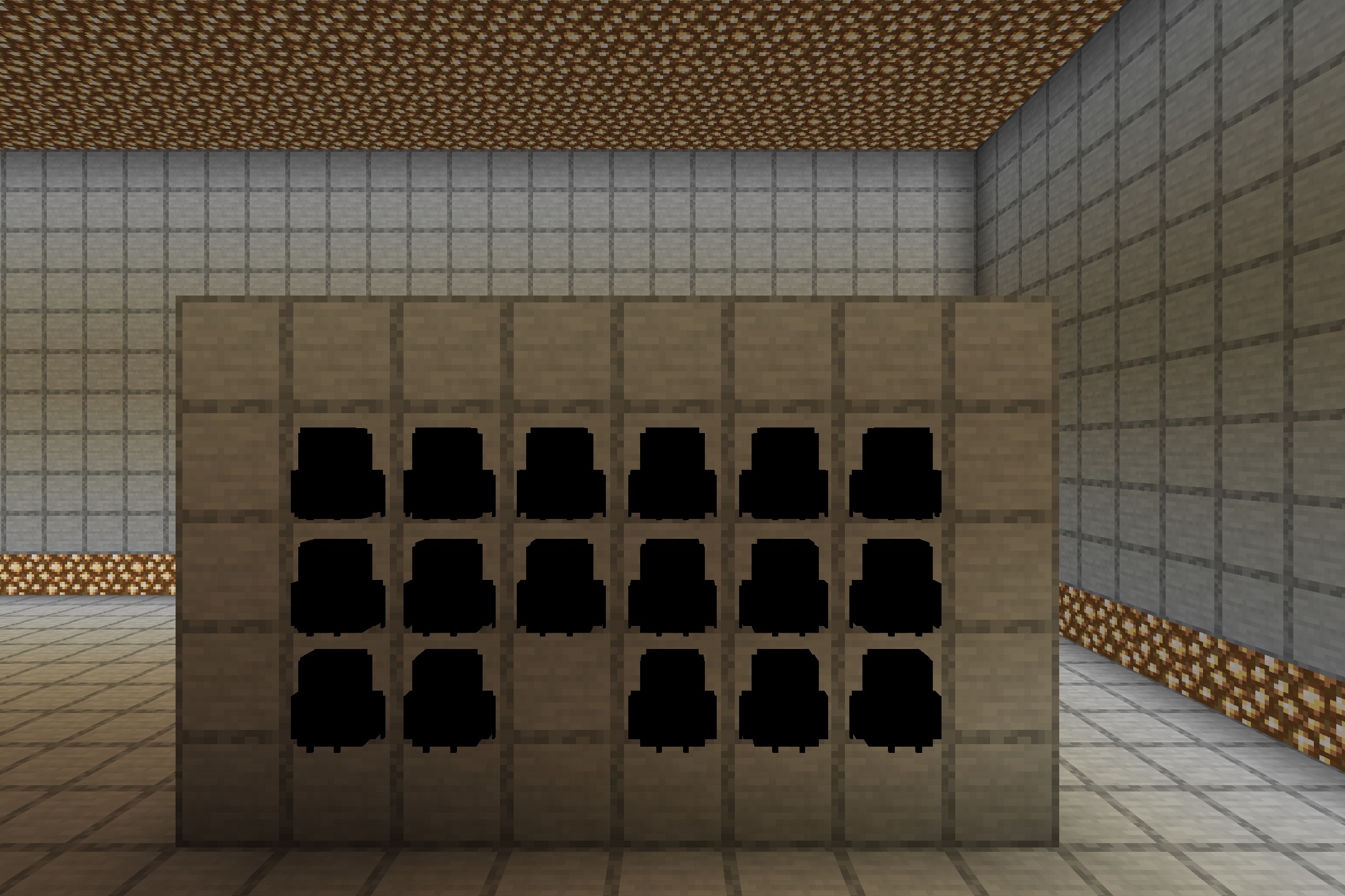 Shulkerboxes to Backpacks Resource Pack Screenshot 1 Rows of black backpack blocks displayed on a wooden wall in Minecraft