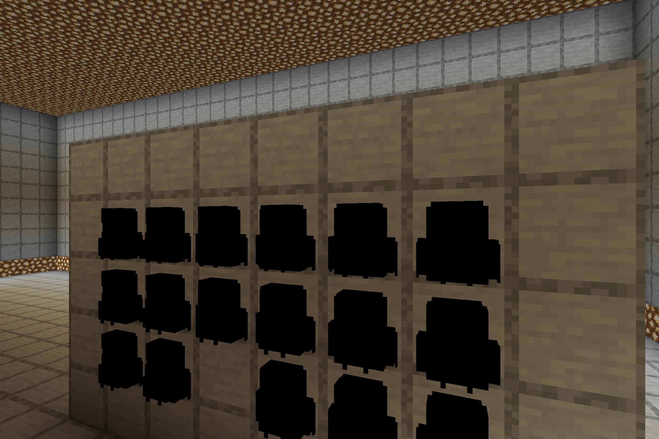 Shulkerboxes to Backpacks Resource Pack Screenshot 5 Black backpack models displayed on wooden blocks inside a stone Minecraft room