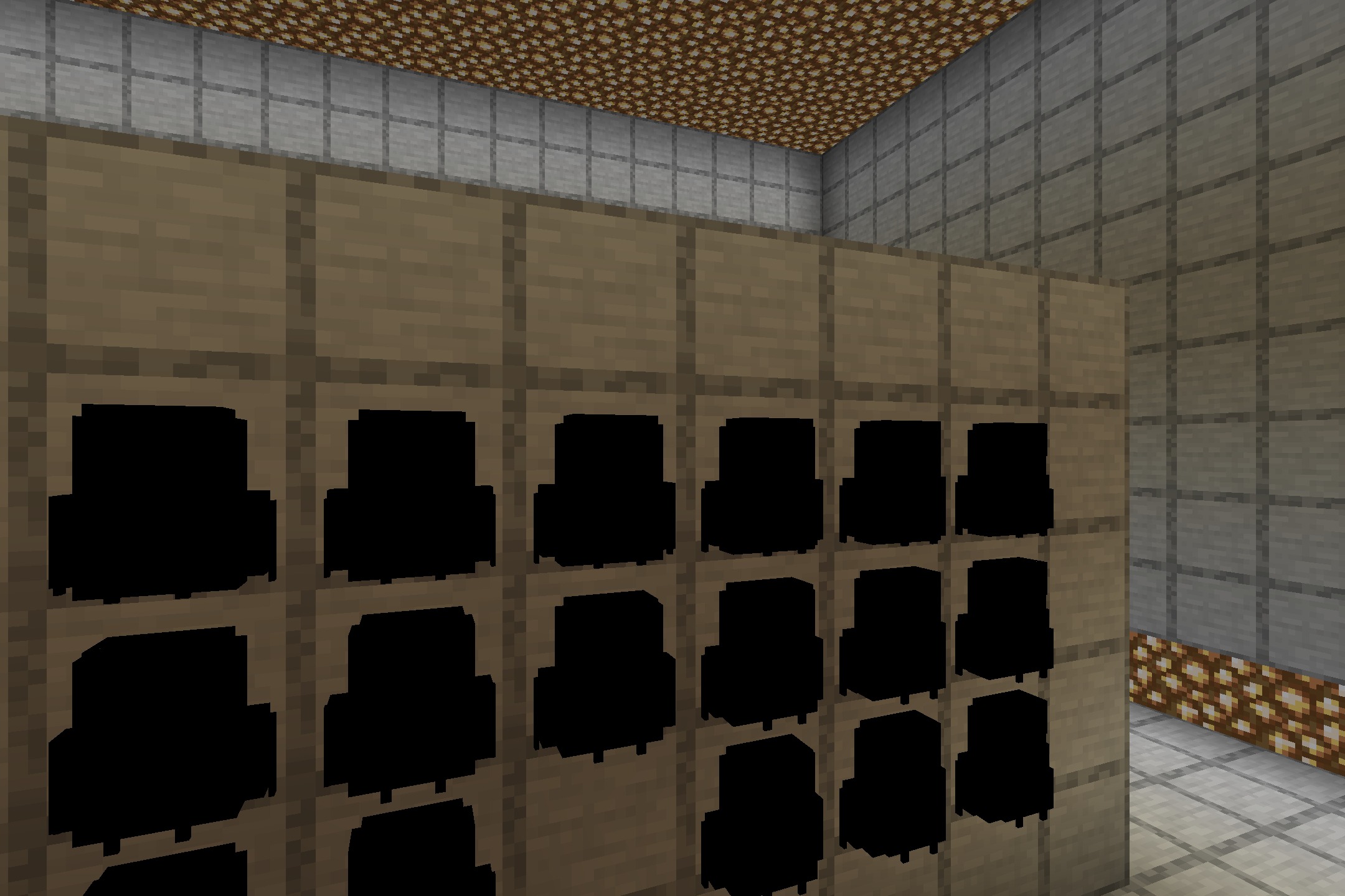 Shulkerboxes to Backpacks Resource Pack Screenshot 6 Rows of black backpacks shown on a wooden wall in a Minecraft room