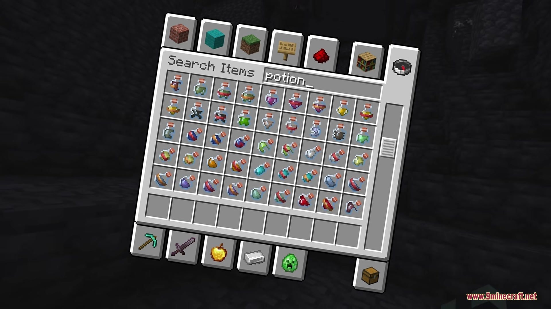 Shureee's Block Icons Resource Pack Screenshot 1 Minecraft creative inventory showing various potions with small badges on their icons