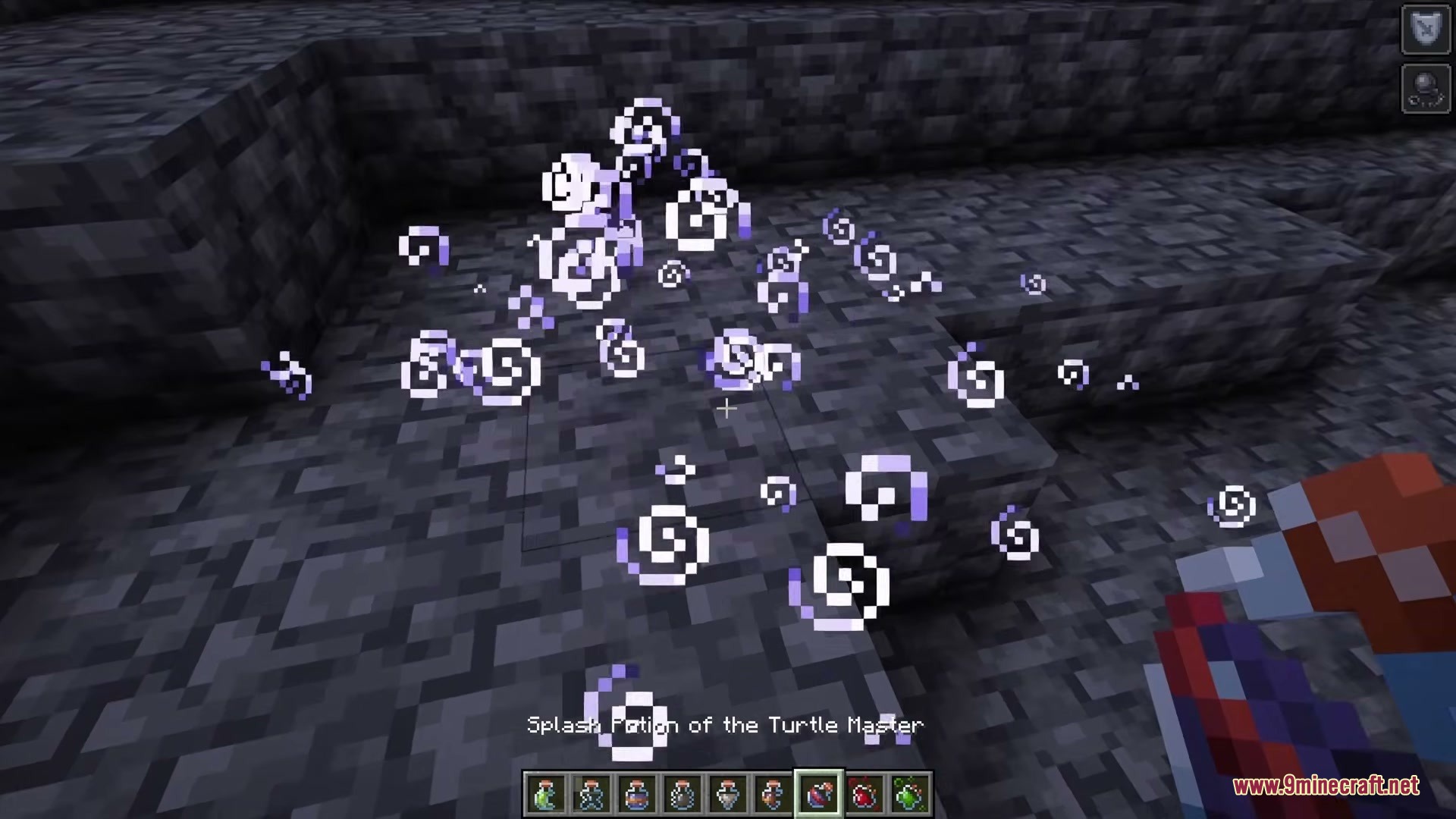 Shureee's Block Icons Resource Pack Screenshot 2 Player throwing a splash potion while holding items with small badge icons