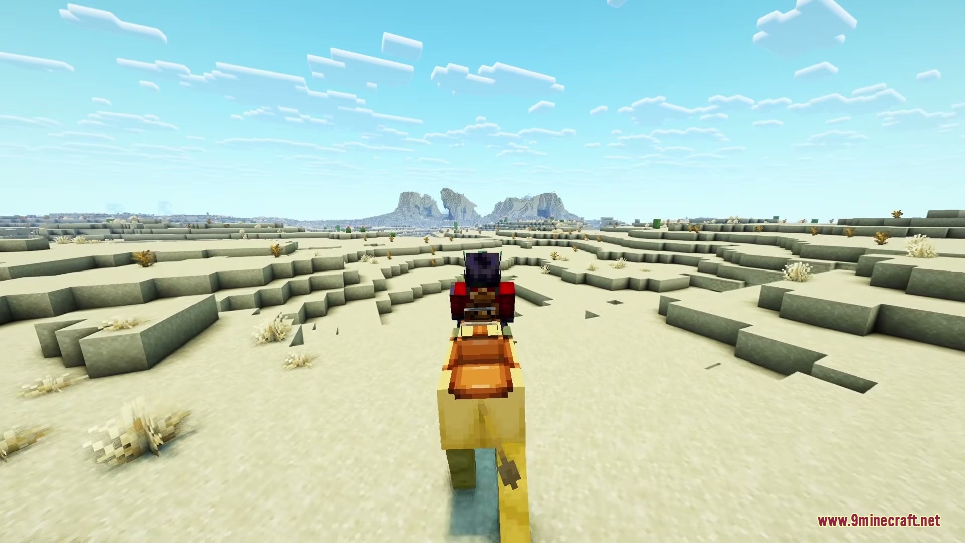 Shureee's Potions Resource Pack Screenshot 1 A player rides a camel through a vast desert under a bright sky