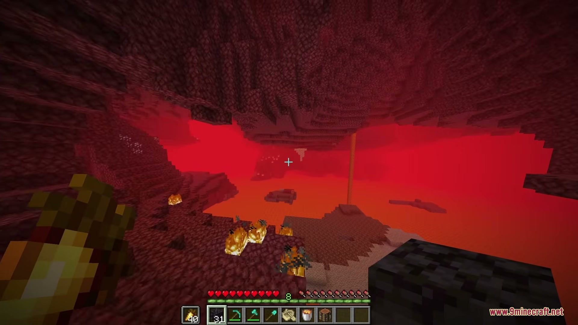 Shureee's Potions Resource Pack Screenshot 2 First person view of a player exploring the fiery Nether dimension with lava