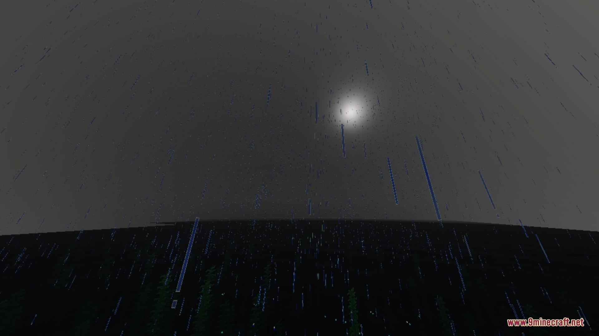 Rain falling from a dark overcast sky with a dim moon shining through