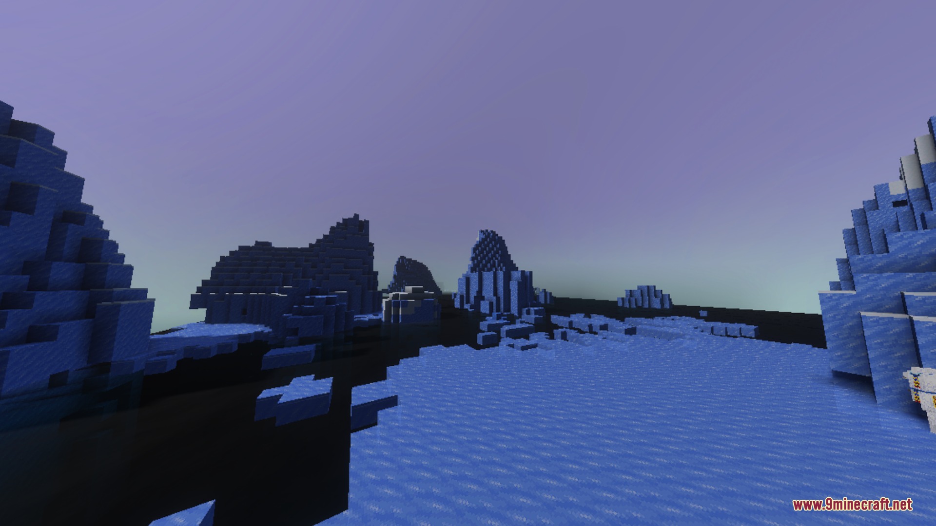 Towering ice spikes and frozen structures under a vibrant purple twilight sky