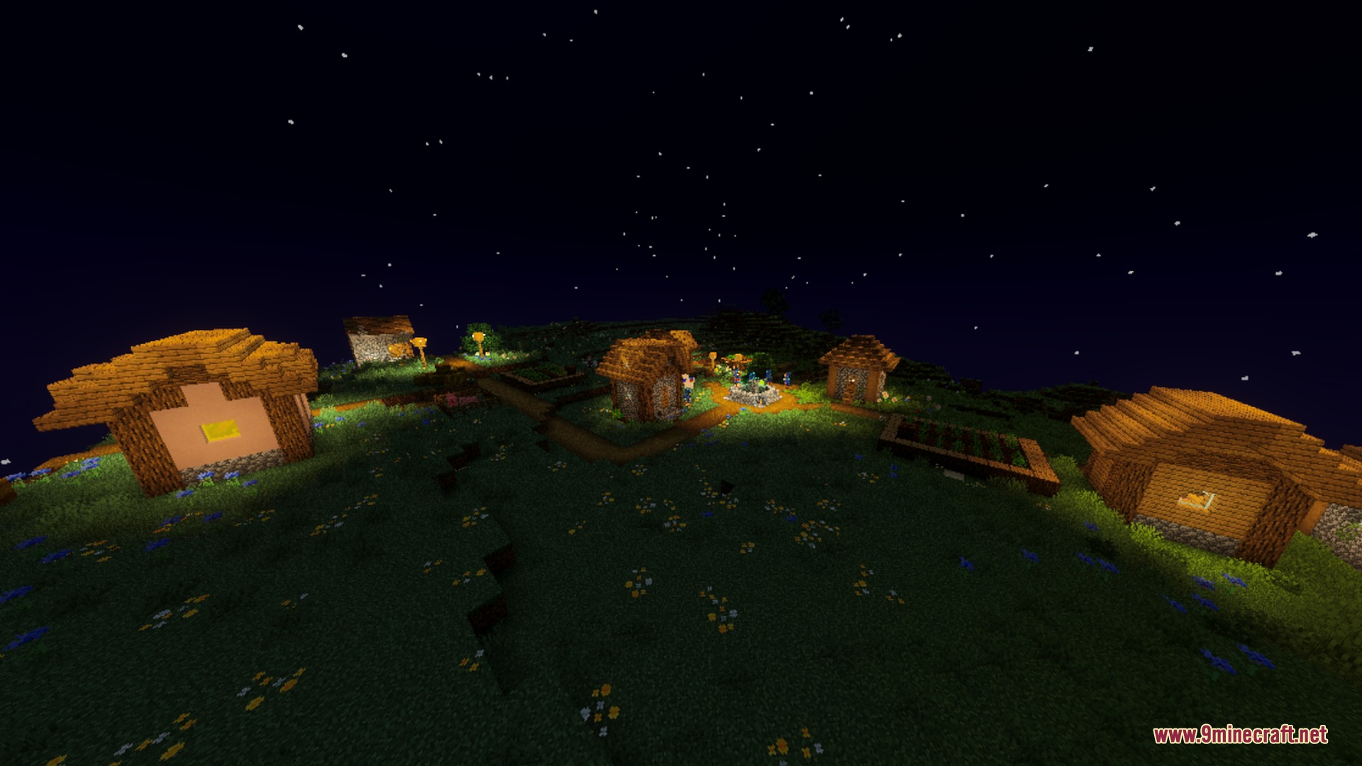 Cozy village houses illuminated by warm lanterns under a clear starry night sky