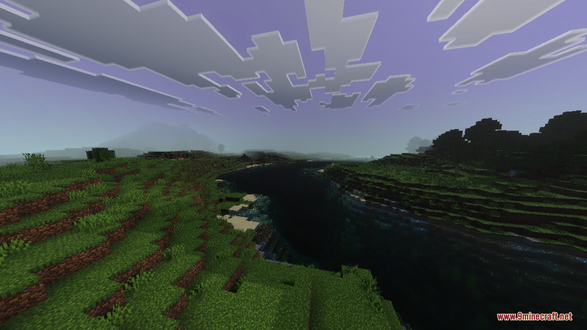 A scenic river flows through a green landscape under a purple sky