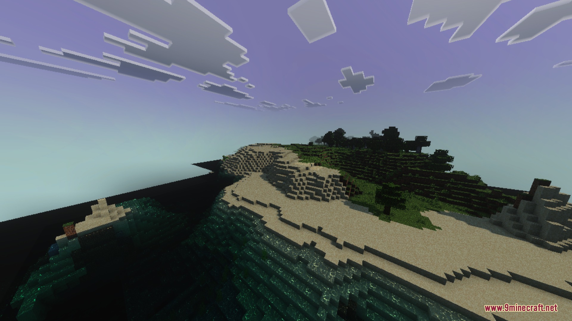 Sildaum Vibrant shaders enhance a scenic Minecraft coastline with soft purple lighting