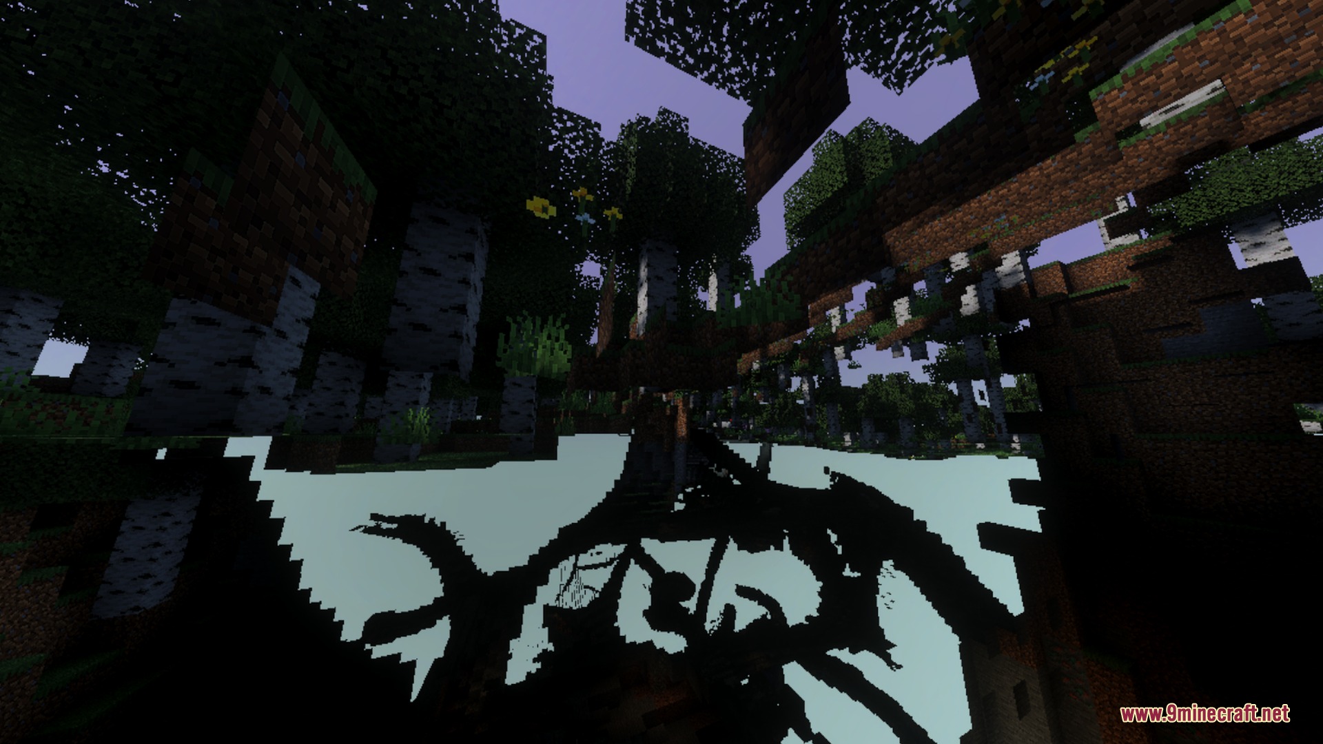 Dense forest trees casting dark shadows against a bright sky in Minecraft